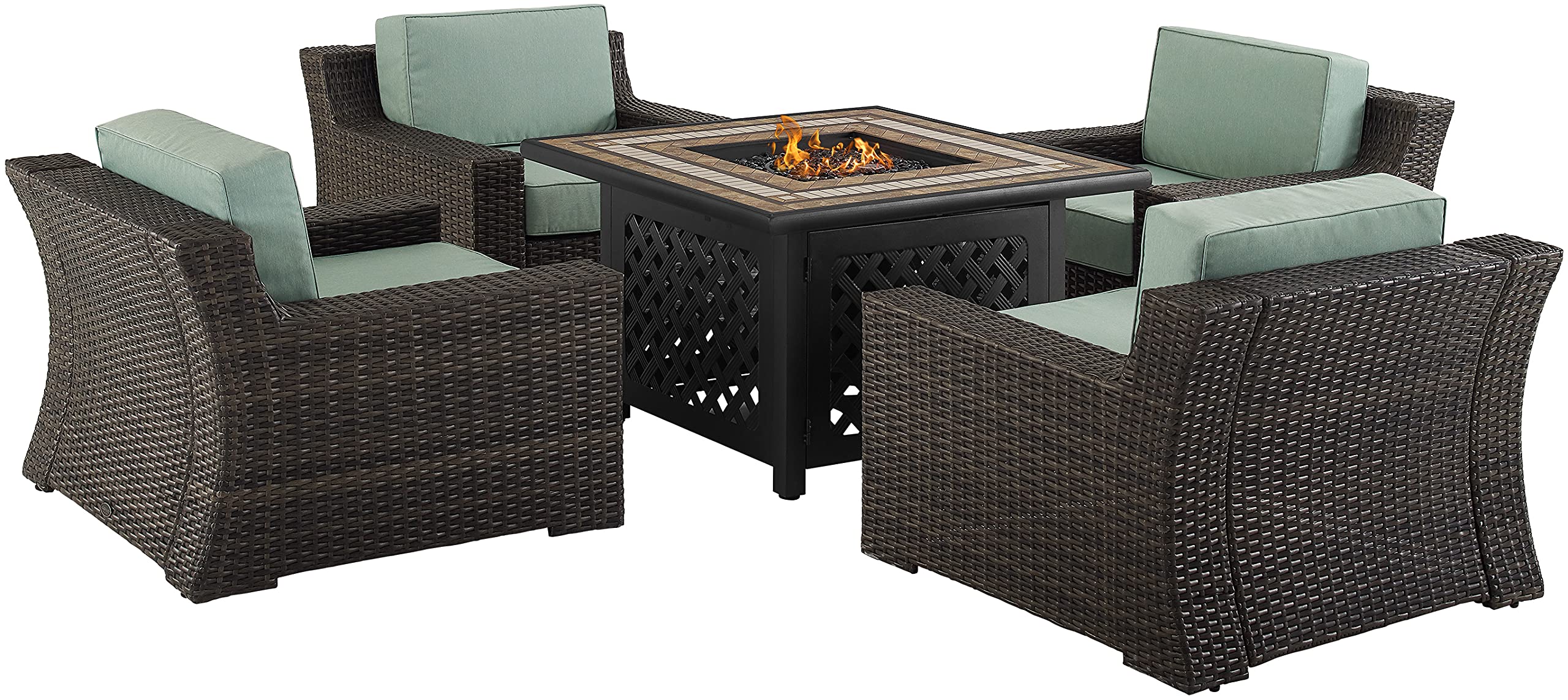 Crosley Furniture Beaufort Beaufort 5-Piece Wicker Outdoor Chair Patio Furniture Set With Propane Gas Fire Pit Table, Brown With Mist Cushions