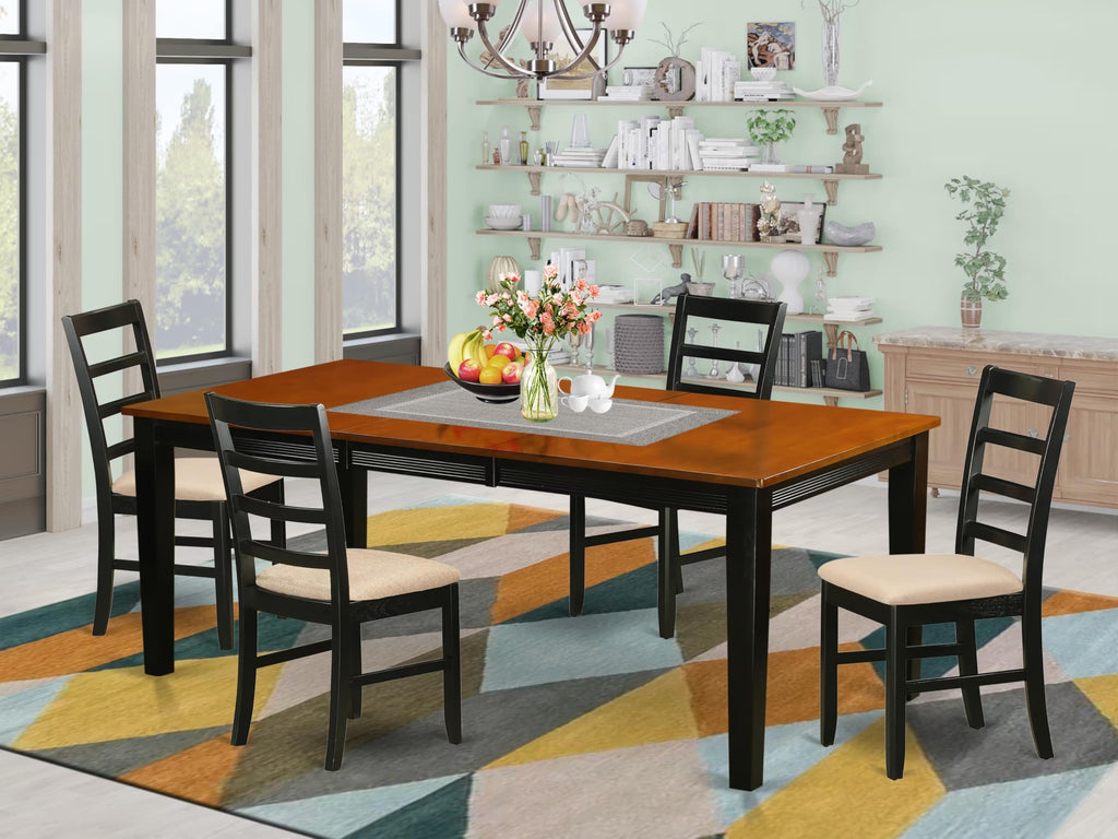 East West Furniture QUPF5-BCH-C 5 Piece Dining Room Table Set Includes a Rectangle Kitchen Table with Butterfly Leaf and 4 Linen Fabric Upholstered Dining Chairs, 40x78 Inch, Black & Cherry