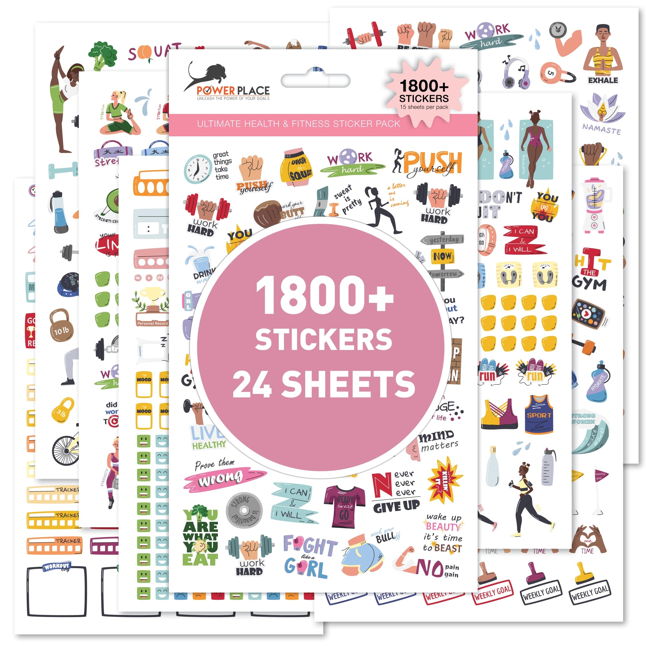Workout & Fitness Stickers Mega Pack - Set Of 24 Sheets 1800+ Health And Wellness Stickers | Tracking Stickers For Sports Planne