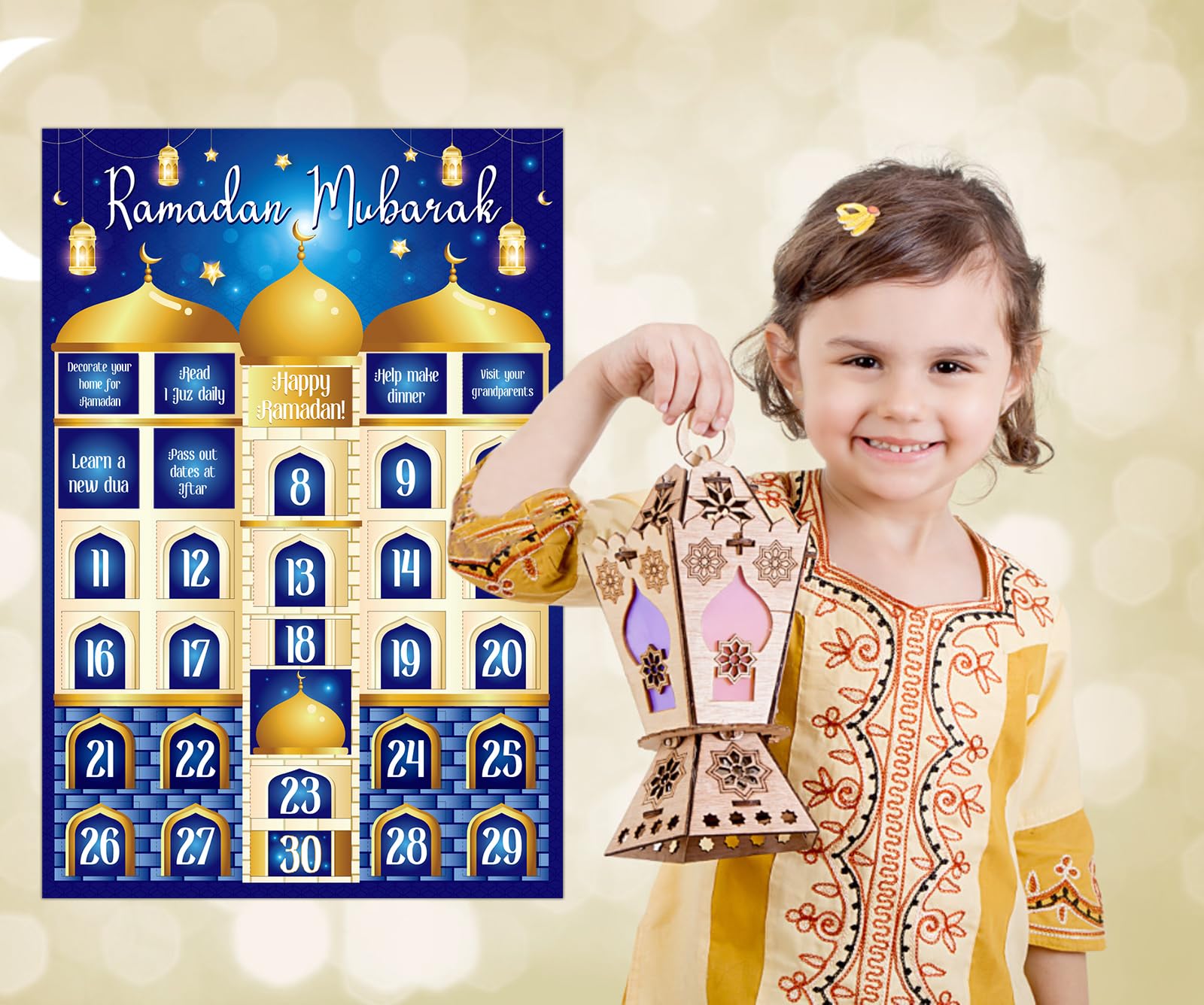 D4Dream Ramadan Calendar 2024 Eid Mubarak Window Page Calendar For Kids 30 Days Ramadan Countdown Calendar Poster Gifts Blue Ram