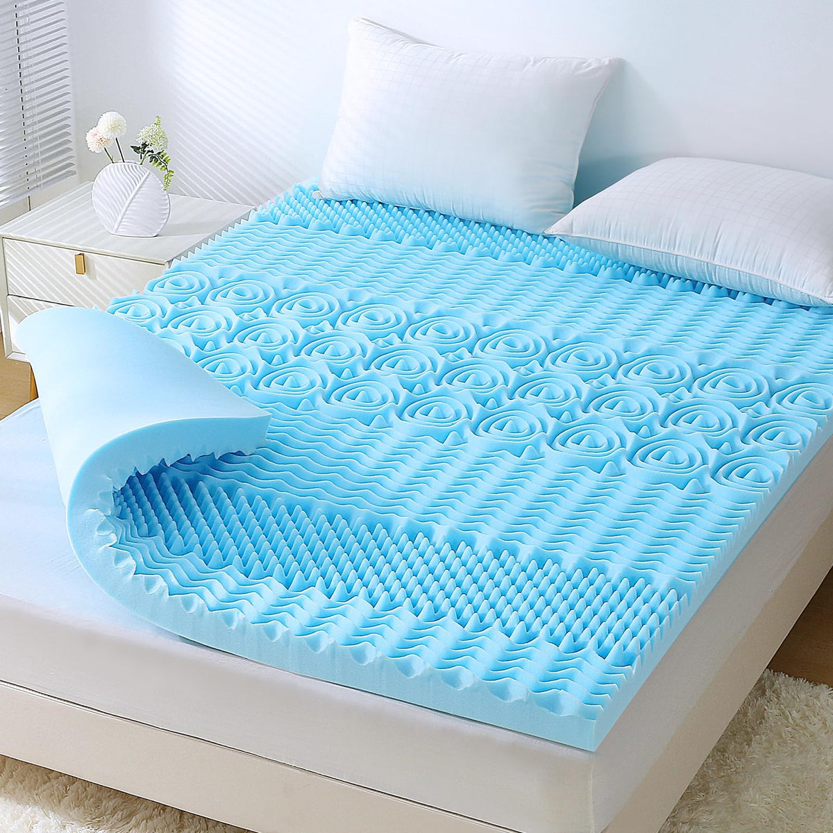 Huxmeyson Cooling Mattress Topper Queen, 7 Zone Memory Foam Mattress Topper With Gel Infused, Egg Crate Bed Topper Mattress Pad,