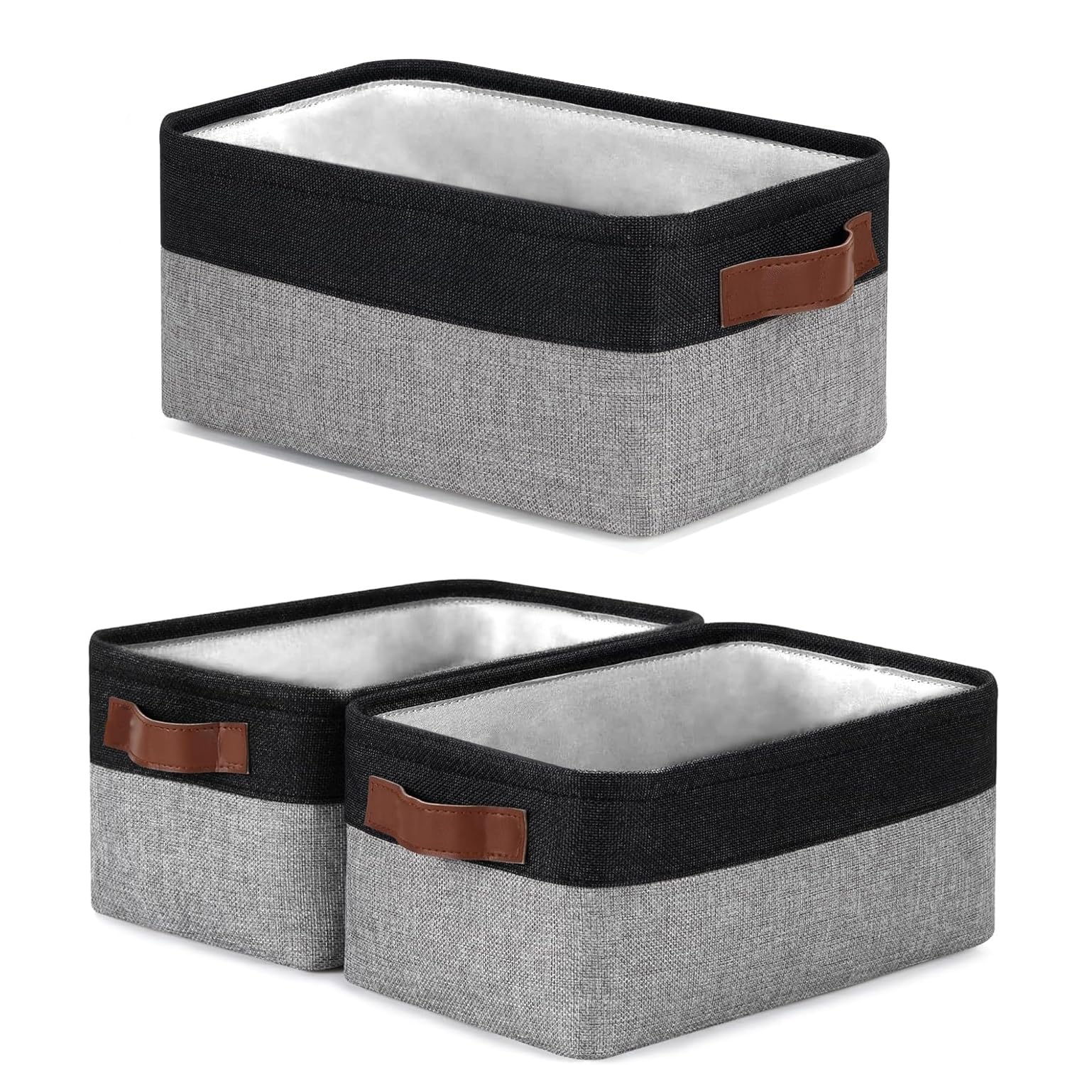 Tied Ribbons Set Of 3 Fabric Small Basket Storage Organizer With Handles For Organizing Baskets For Shelves, Office, Closets, La
