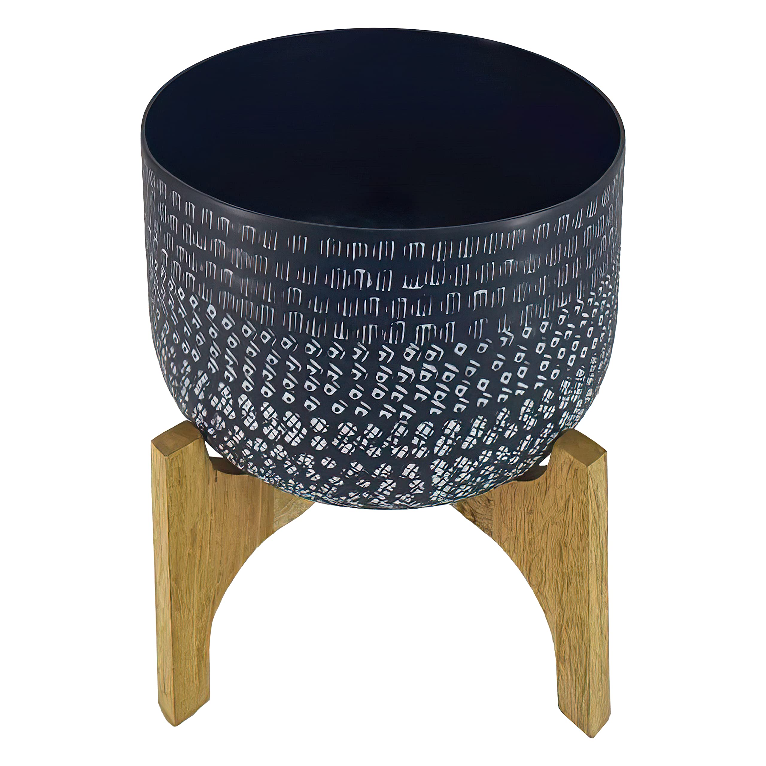 The Urban Port Alex 12-Inch Artisanal Industrial Round Hammered Metal Planter Pot with Wood Arch Stand, Midnight Blue