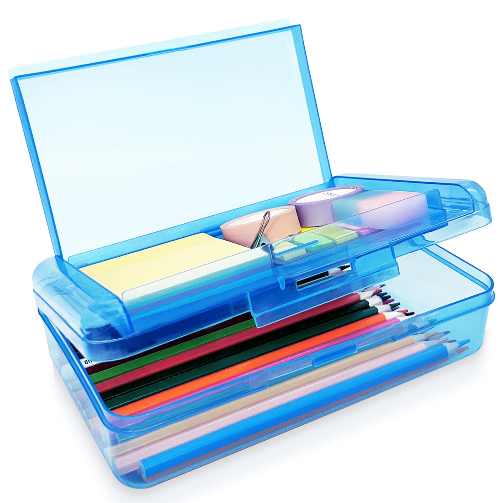 Nuozme Double Layer Large Capacity Pencil Box,Plastic Translucent Pencil Box, Hard Pencil Cases With Snap-Tight Lid For Pens, Pe