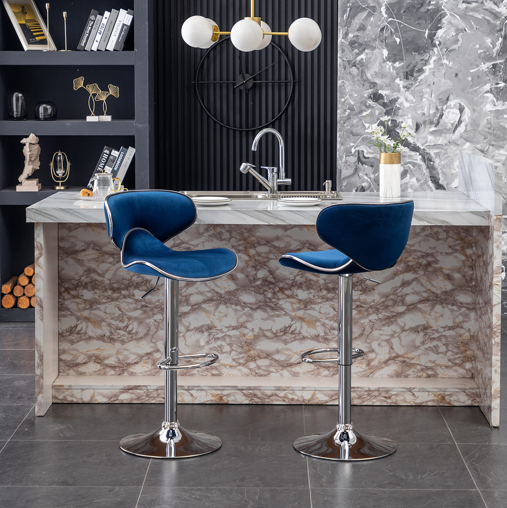 Masaccio Velvet Upholstered Adjustable Swivel Barstool, Set Of 2, Blue
