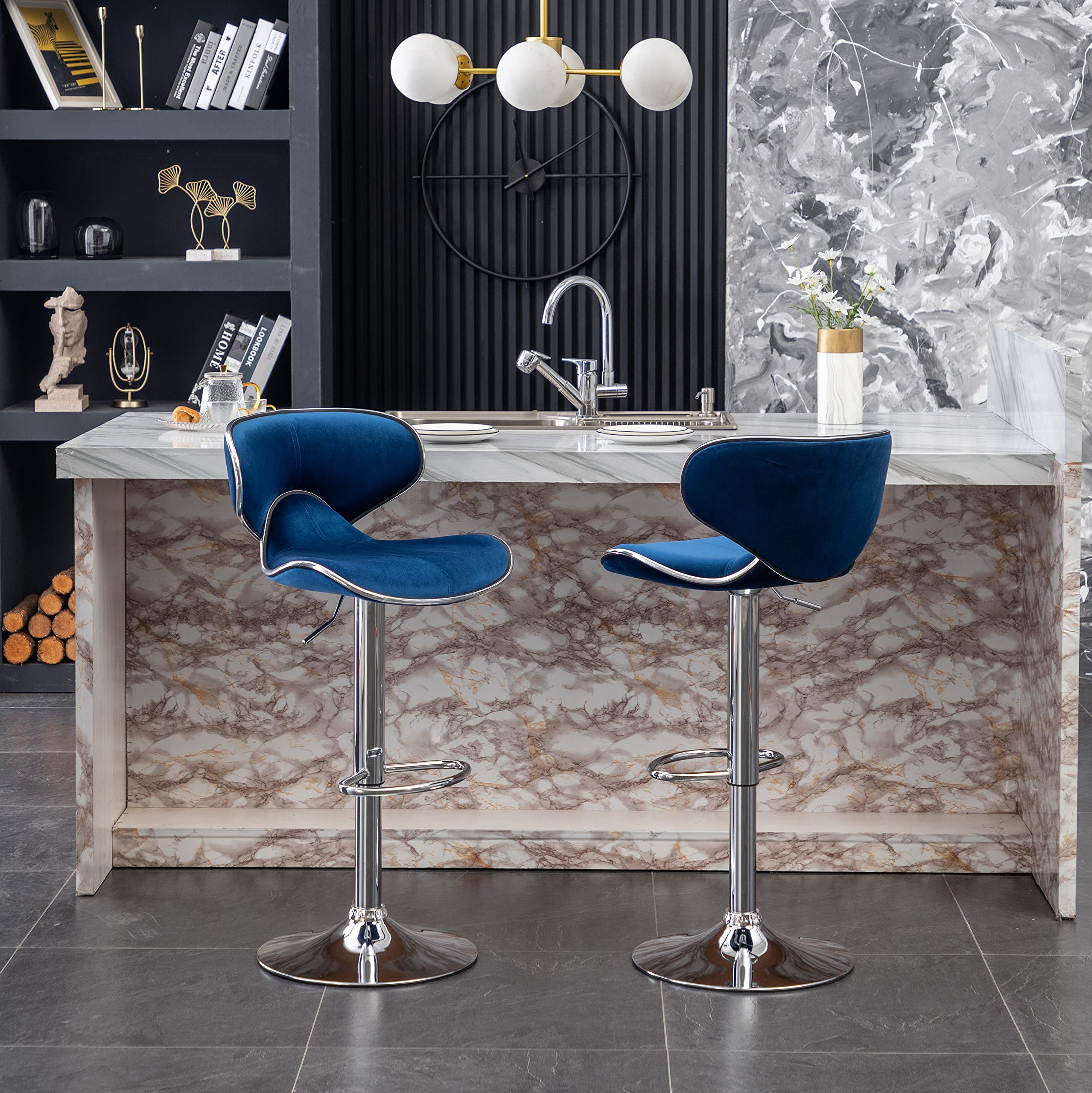 Masaccio Velvet Upholstered Adjustable Swivel Barstool, Set Of 2, Blue
