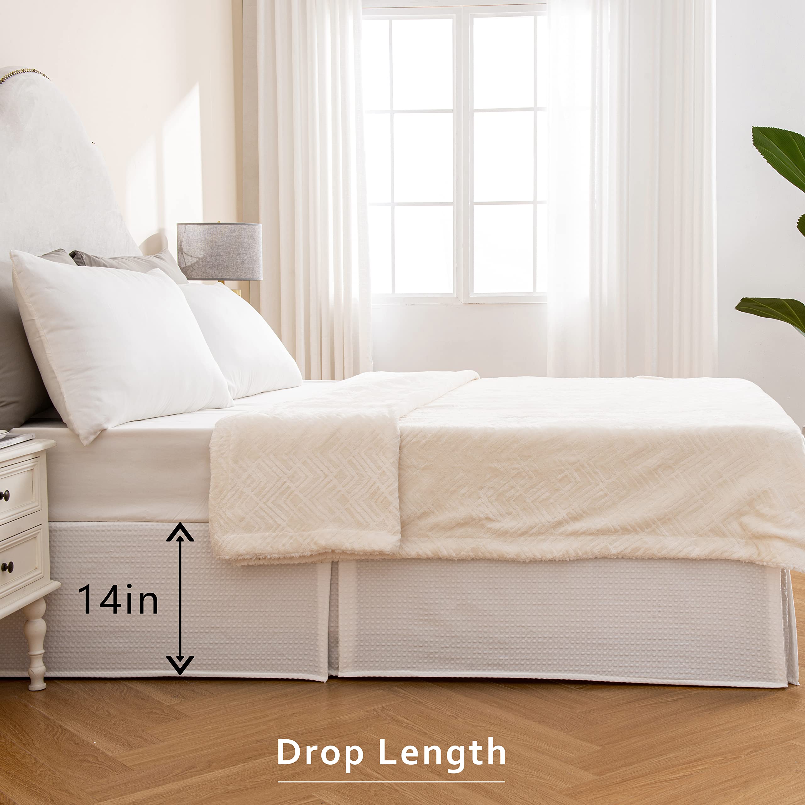Miye Pleated Waffle Weave Bed Skirt, Tailored Dust Ruffle 14 Inch Drop Easy Fit, Machine Washable (White, Queen - 14'' Drop)