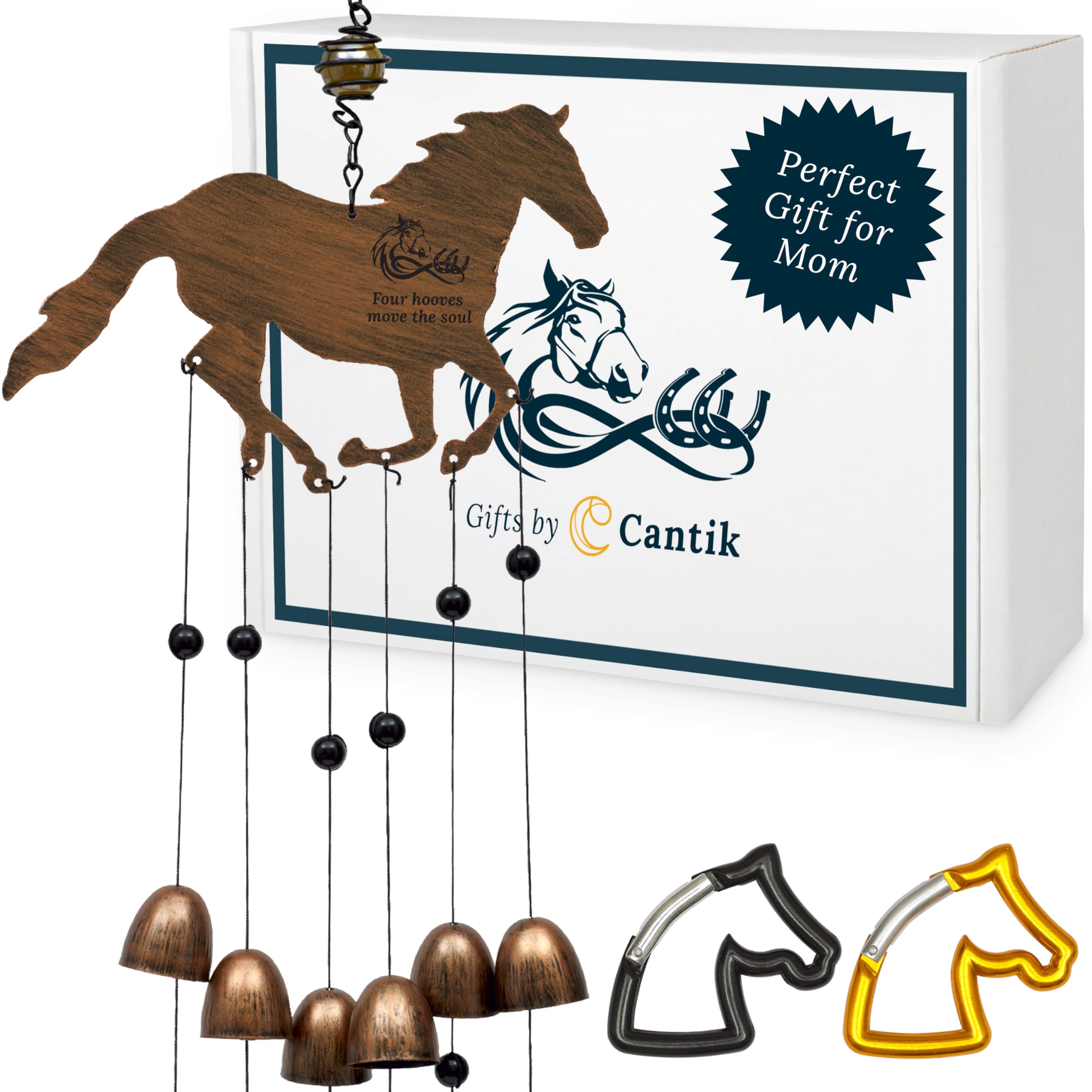 Cantik Horse Wind Chimes For Outside With 2 Horse Head Carabiners - Beautiful Relaxing Sound - Perfect Horse Decor Gift Set, For