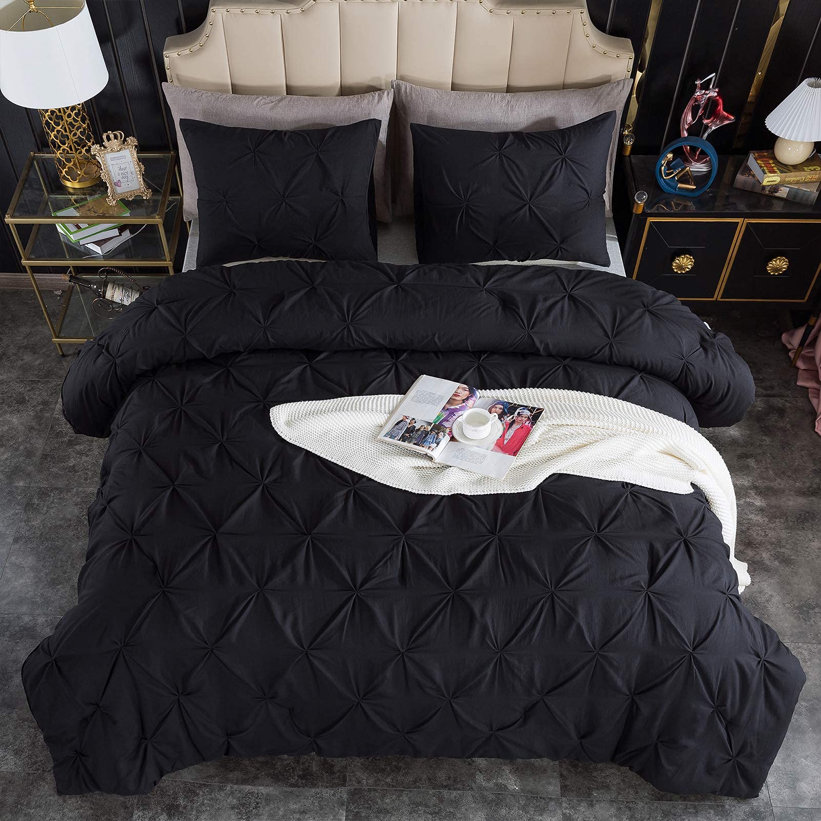 Andency California King Comforter Set Black (104X96Inch), Pinch Pleat Cal King Comforter Set 3 Pieces, Oversized King Pintuck Bed Comforter, Microfiber Down Alternative Comforter Bedding Set