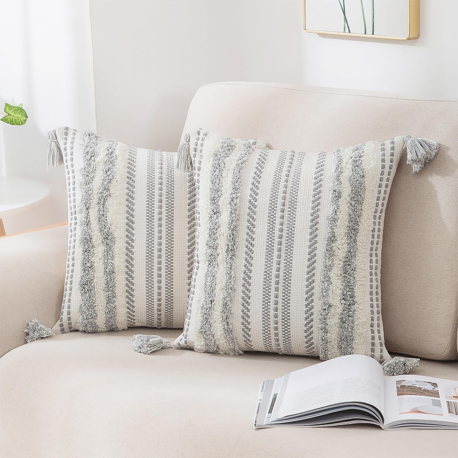 Decoruhome Decorative Boho Throw Pillow Covers 20X20 Set Of 2, Accent Neutral Textured Tufted Pillow Covers Striped For Couch Be