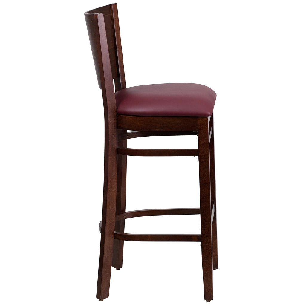 Flash Furniture Lacey Series Solid Back Walnut Wood Restaurant Barstool - Burgundy Vinyl Seat