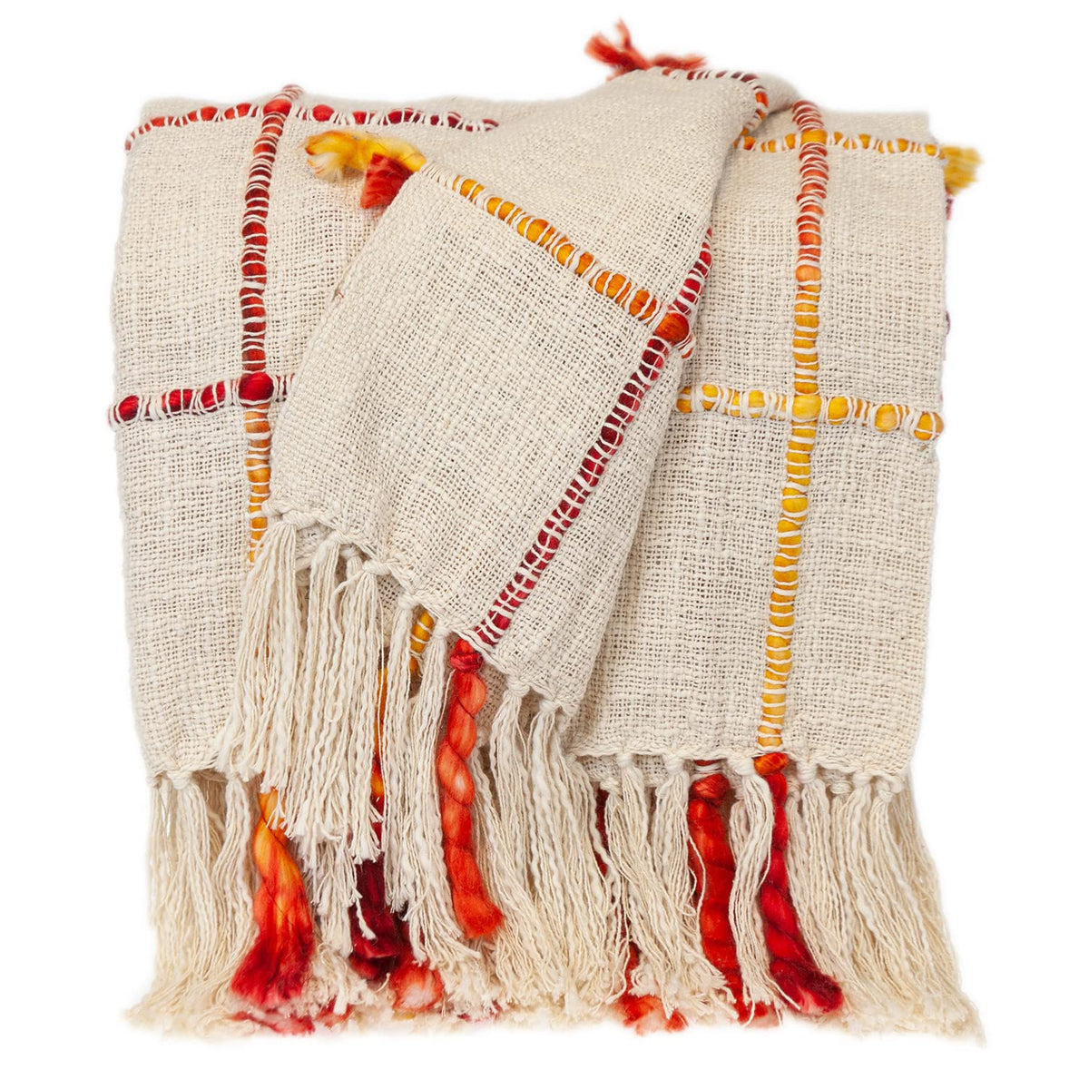 HomeRoots 90% Cotton, 10 Acrylic Fire and Beige Textured Woven Handloom Throw