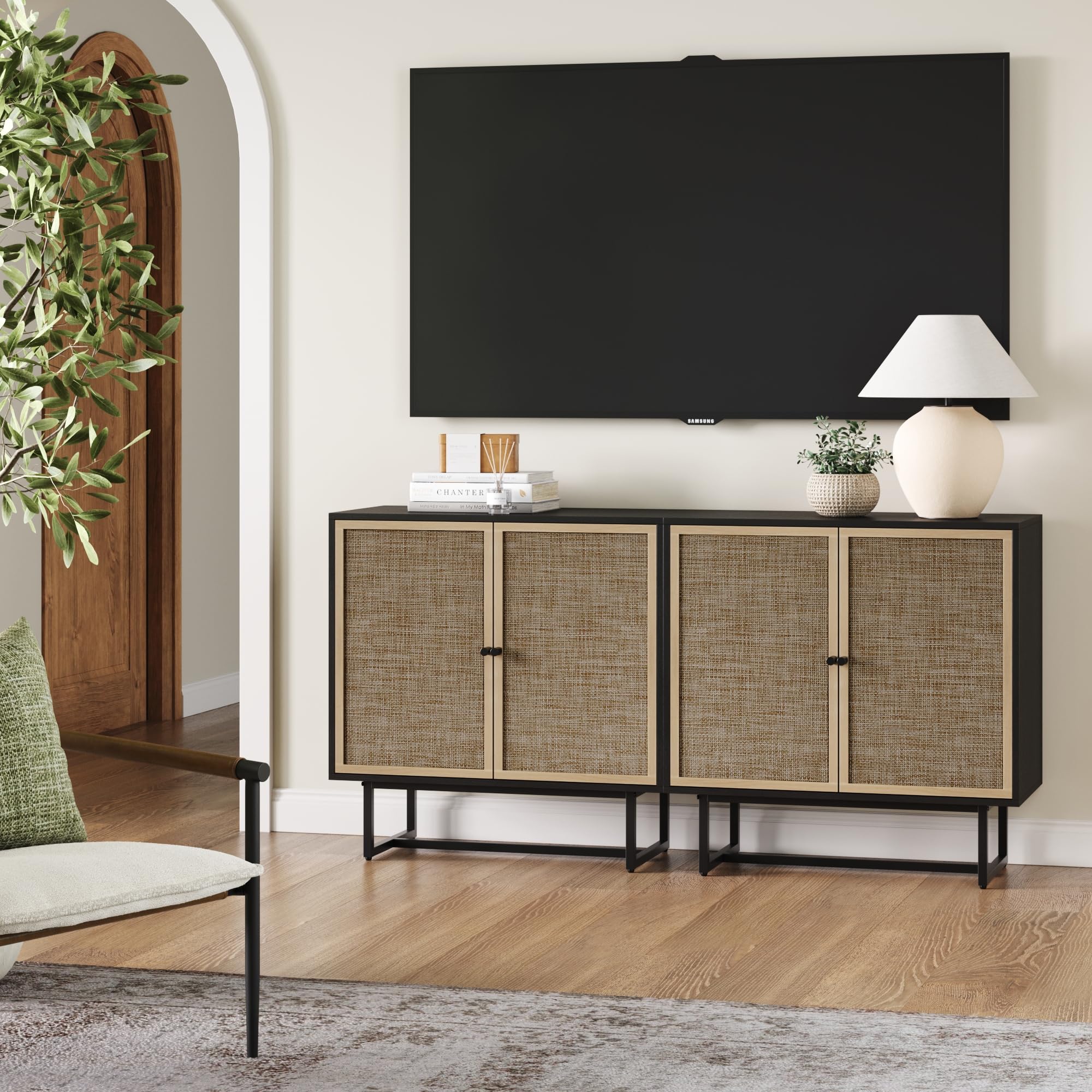Nathan James Kova Rattan Wood Accent Sideboard Storage Cabinet Tv Stand With Matte Metal Frame, Adjustable Shelves And Cane Doors, For Hallway, Entryway Or Living Room, Black Oak/Cane, Set Of 2