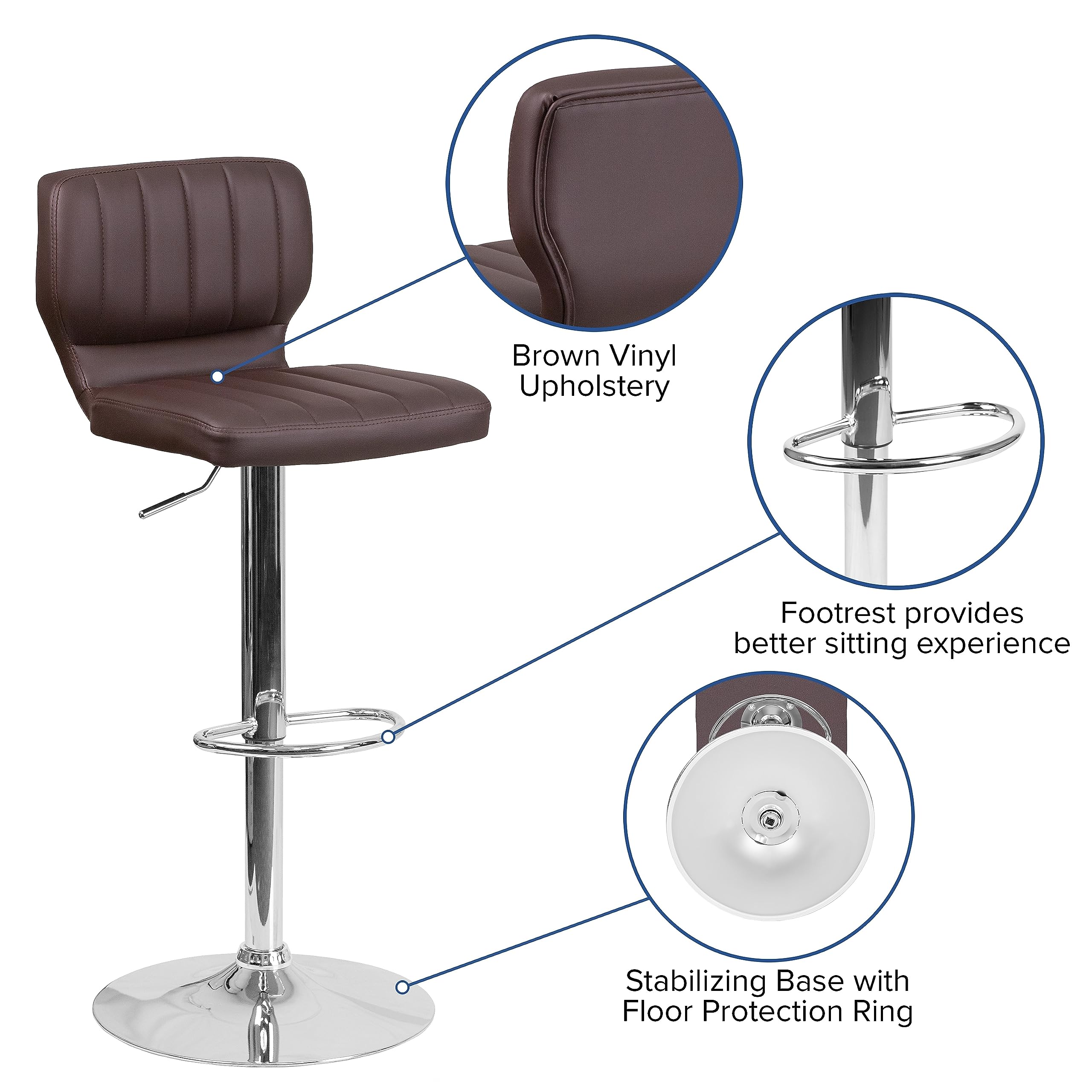 Flash Furniture Contemporary Brown Vinyl Adjustable Height Barstool with Vertical Stitch Back and Chrome Base (Pack of 1)