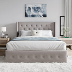 Sha Cerlin Full Size Lift Up Storage Bed/Button Tufted Wingback Headboard/Hydraulic Storage/Upholstered Platform Bed Frame/No Box Spring Needed/Wood Slats Support/Light Beige