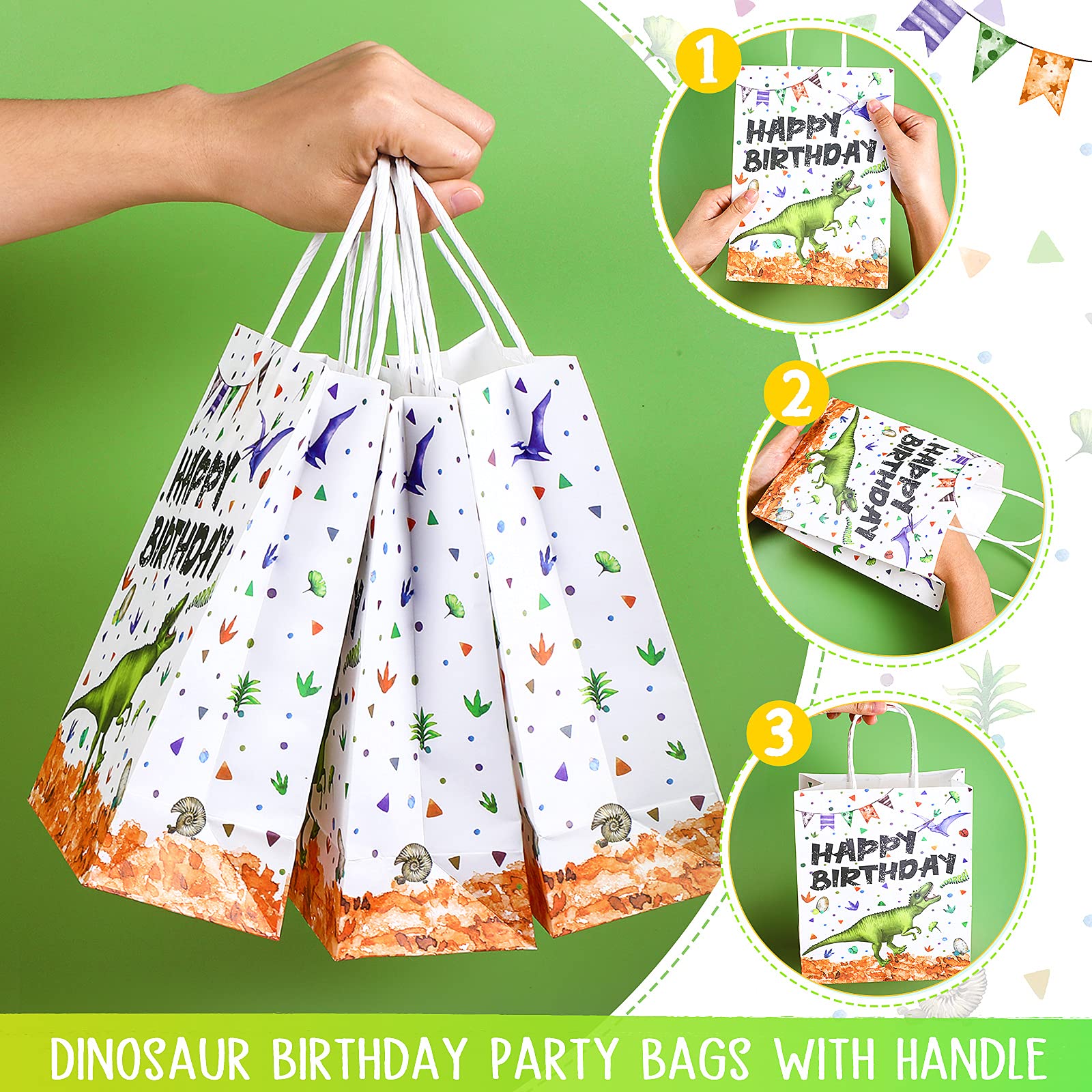 Containlol Dinosaur Birthday Party Bags Happy Birthday Gift Bags Dino Theme Watercolor Dinosaur Candy Treat Goodies Party Favors