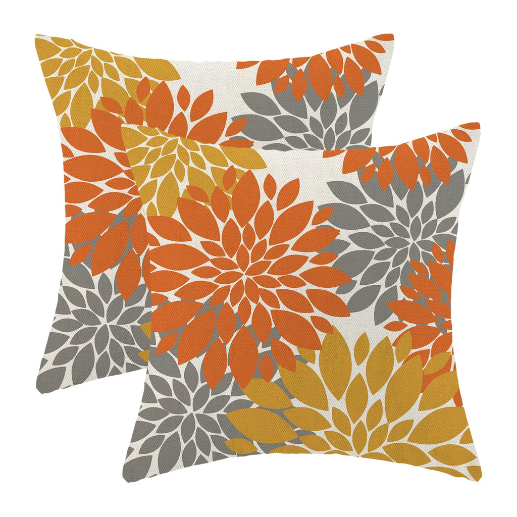 Fall Burnt Orange Outdoor Pillow Covers 18x18 Inch Set of 2 Mustard Yellow Grey Dahlia Floral Decor Throw Pillows Modern Geometr