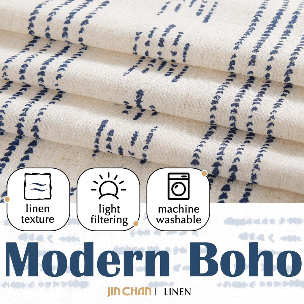 Jinchan Boho Kitchen Curtains Linen Tier Curtains 36 Inches Bohemian Cafe Small Drapes Striped Mudcloth Farmhouse For Bathroom Rv Camper Light Filtering Rod Pocket 2 Panels Blue On Beige