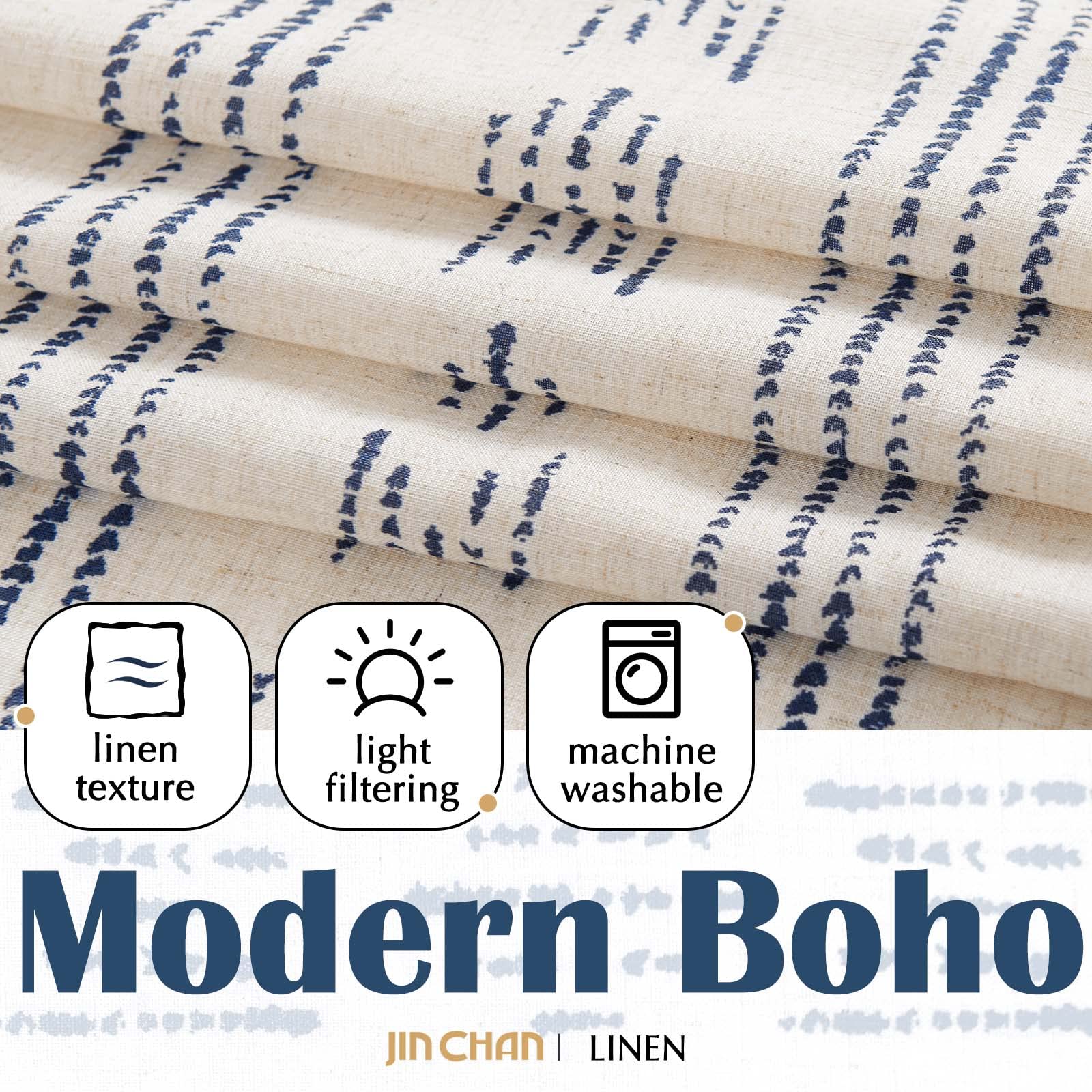 Jinchan Boho Kitchen Curtains Linen Tier Curtains 36 Inches Bohemian Cafe Small Drapes Striped Mudcloth Farmhouse For Bathroom Rv Camper Light Filtering Rod Pocket 2 Panels Blue On Beige