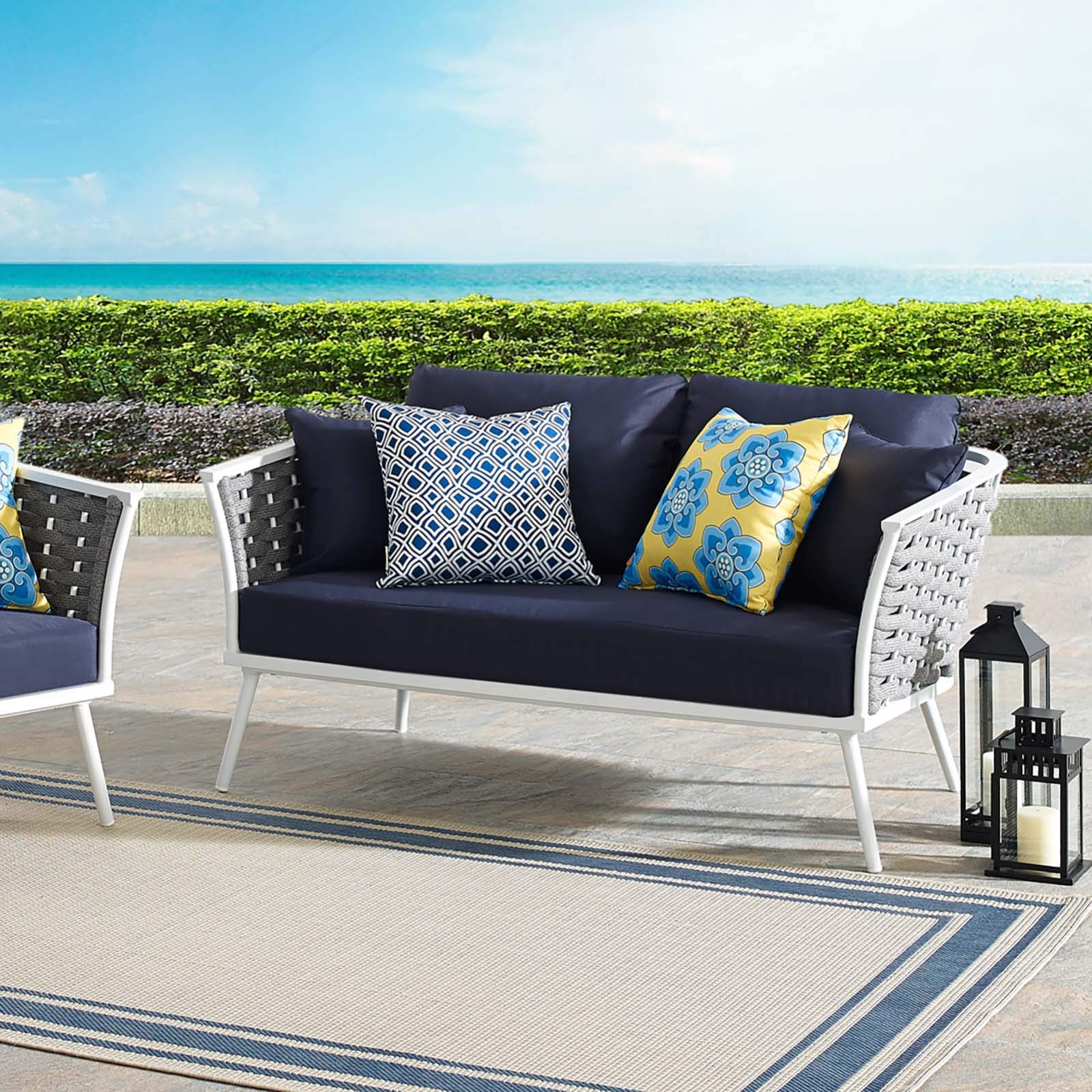 Modway Stance Outdoor Patio Contemporary Modern Woven Rope Loveseat In White Navy