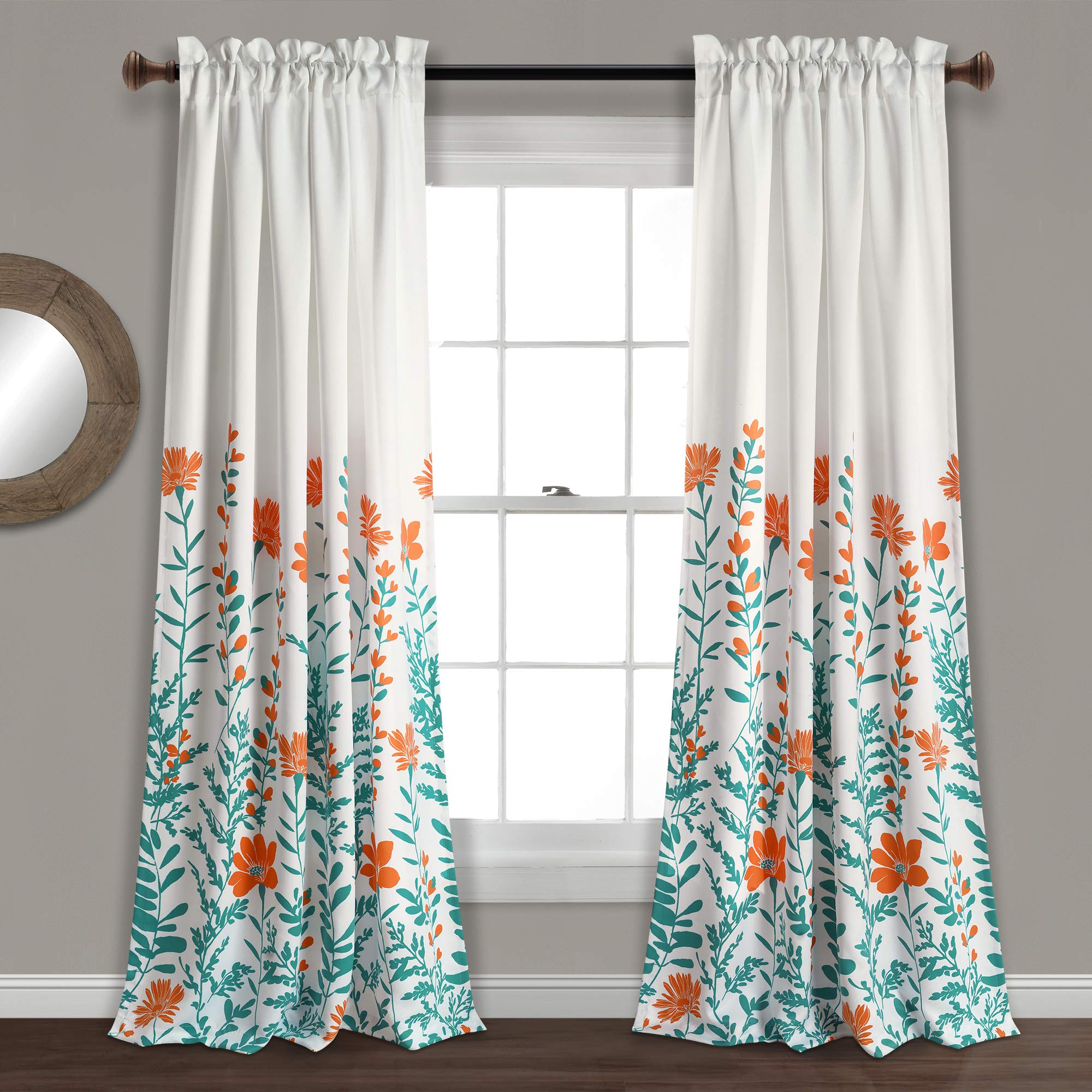 Lush Decor Aprile Light Filtering Window Curtain Panels, Pair, 52' W X 84' L, Orange & Turquoise - Floral Curtains - Pretty Or