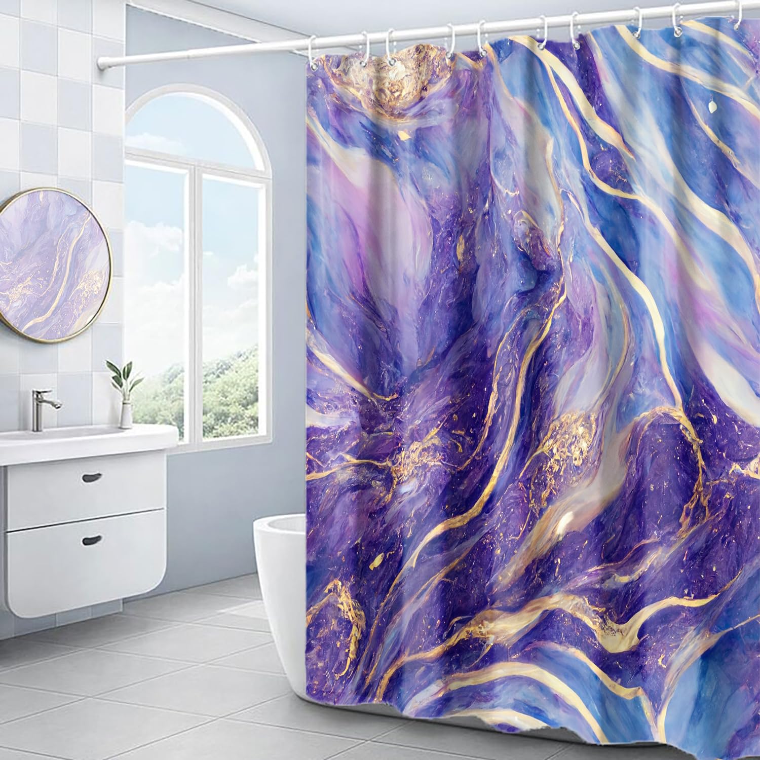 Domoku Purple Blue And Gold Marble Shower Curtain, Purple Blue And Gold Cracked Abstract Modern Bathroom Decor Shower Curtain, W