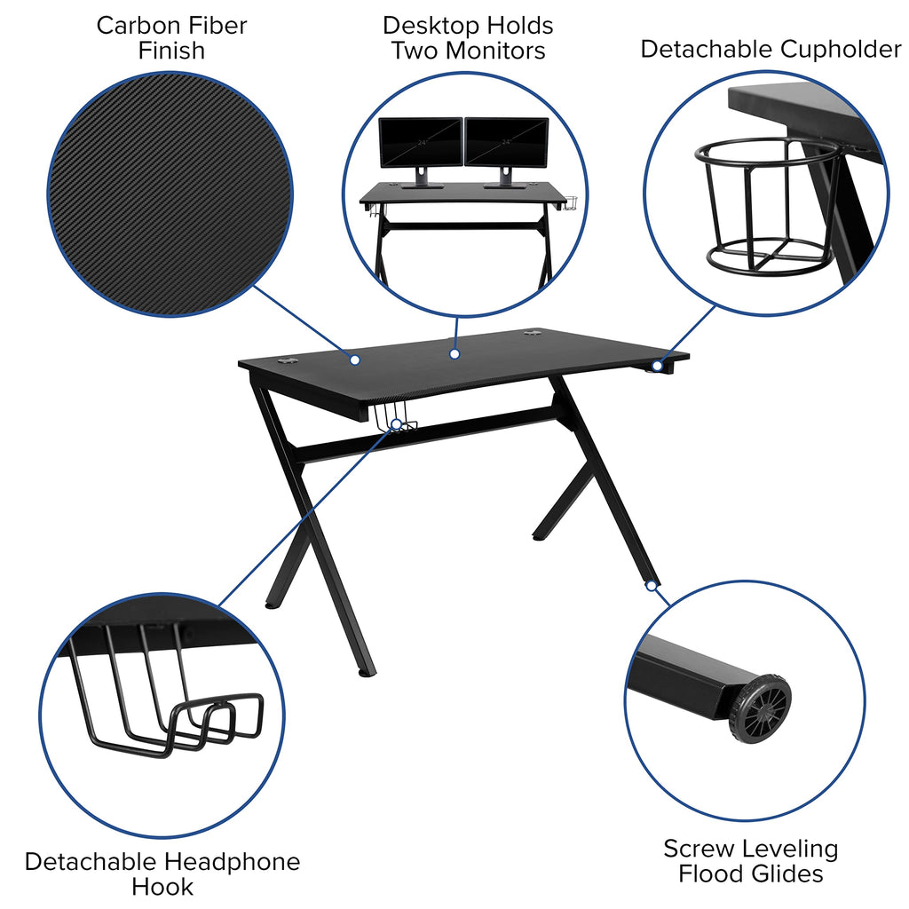 Flash Furniture Optis Black Gaming Desk and Gray/Black Racing Chair Set with Cup Holder, Headphone Hook & 2 Wire Management Holes