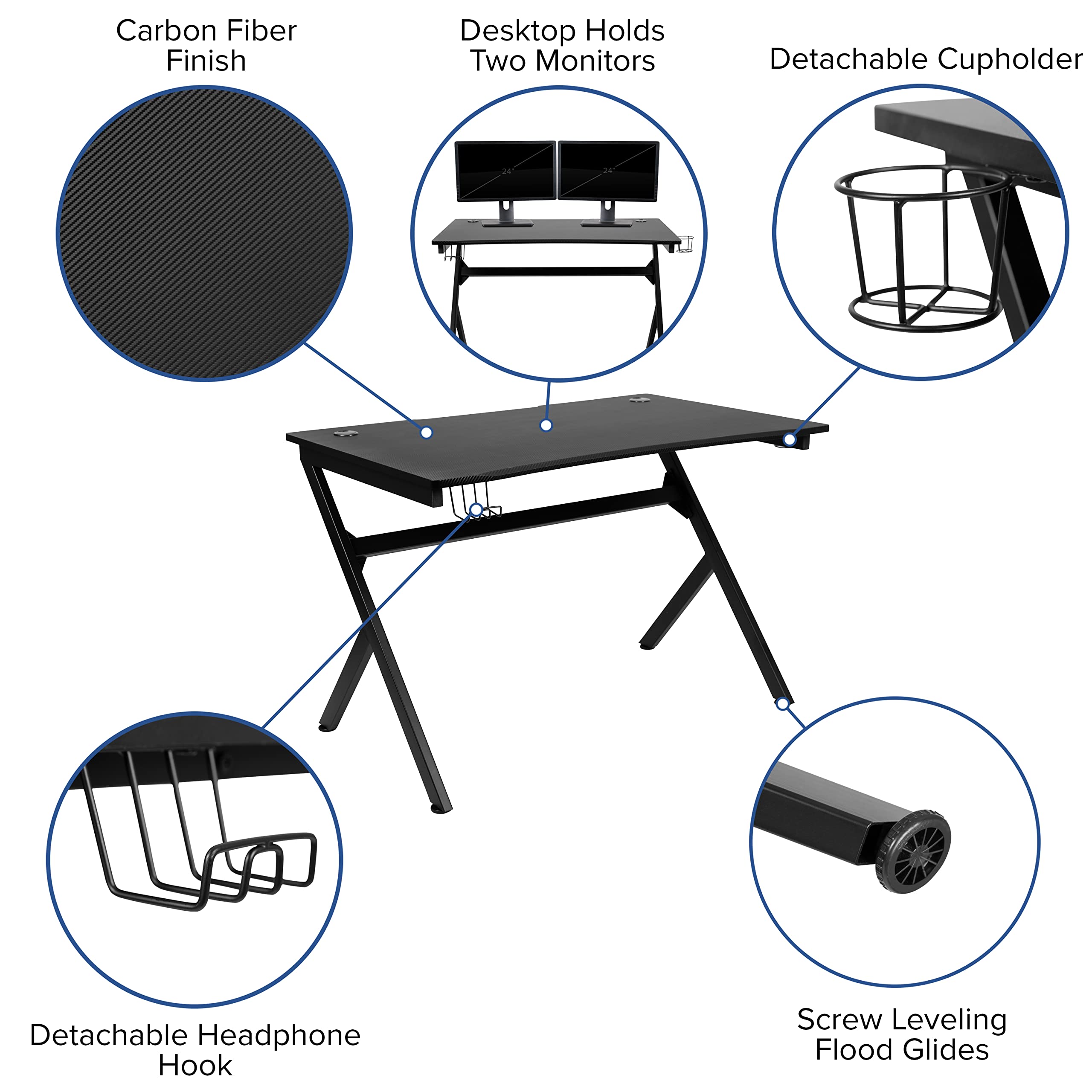 Flash Furniture Optis Black Gaming Desk and Gray/Black Racing Chair Set with Cup Holder, Headphone Hook & 2 Wire Management Holes