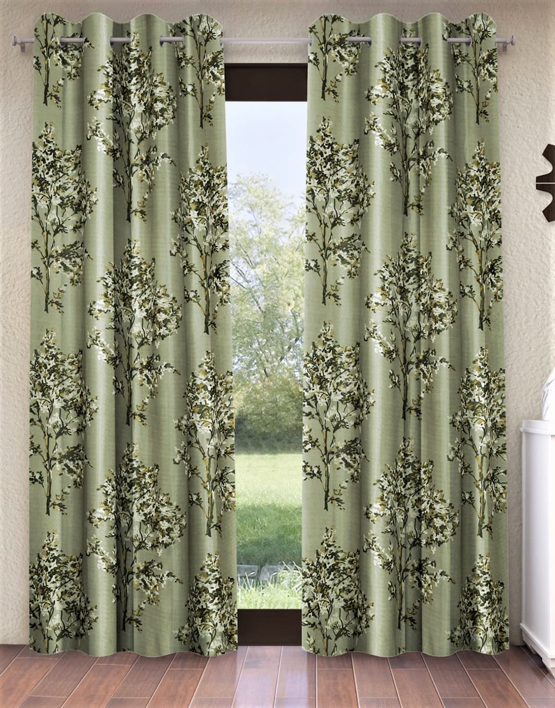 Fashion String 1 Piece Floral Blossoms Eyelet Polyester Door Curtain  7 Feet, Green