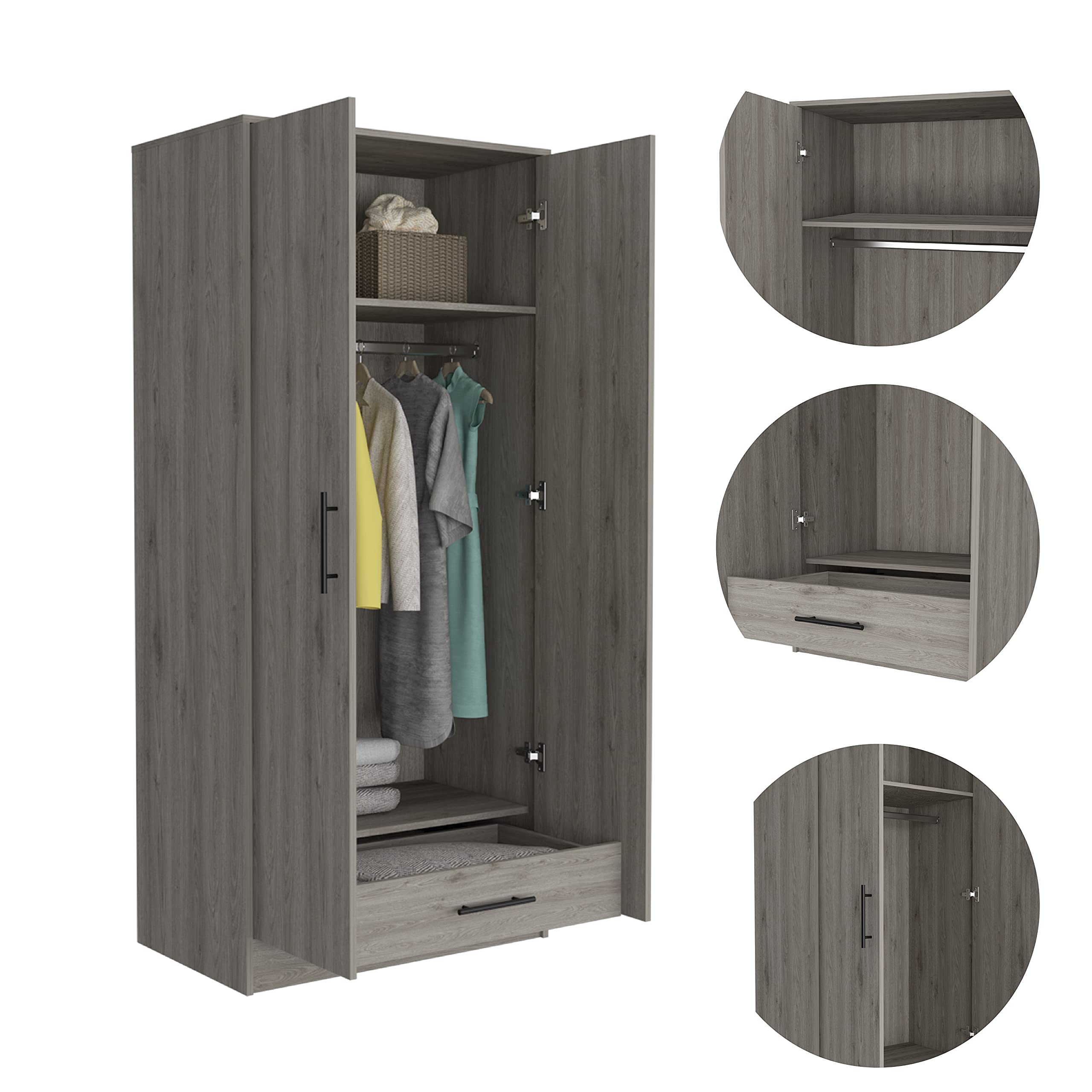 Darwin 180 Armoire with Double Doors, Metal Rod, Top Shelf, and Drawer, Light Gray