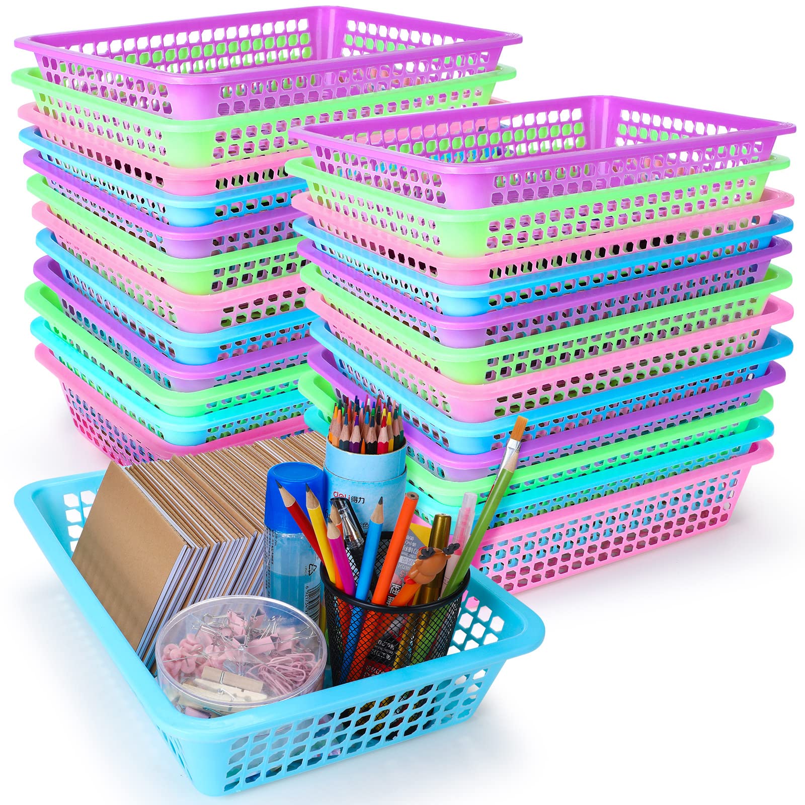 Zhehao 16 Pack Paper Organizer Basket, 13.5 X 10 X 3 Inch Plastic Mesh Bin, Colorful, Multi-Purpose, Ideal For Office, Classroom
