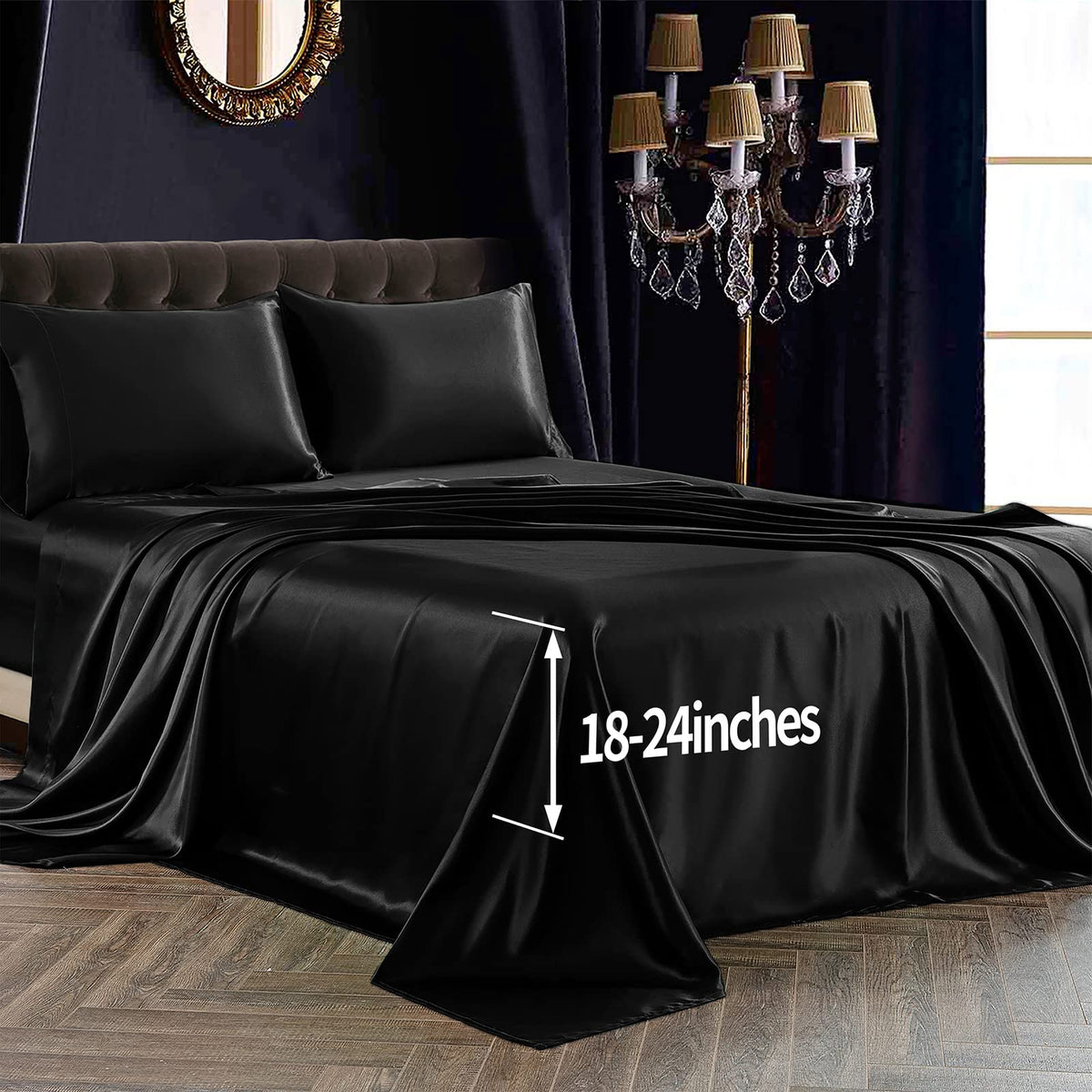 Siinvdabzx 4Pcs Extra Deep Pocket Satin Sheet Set Full Size, Ultra Silky Soft Black Satin Full Bed Sheets Deep Fitted Sheet Set