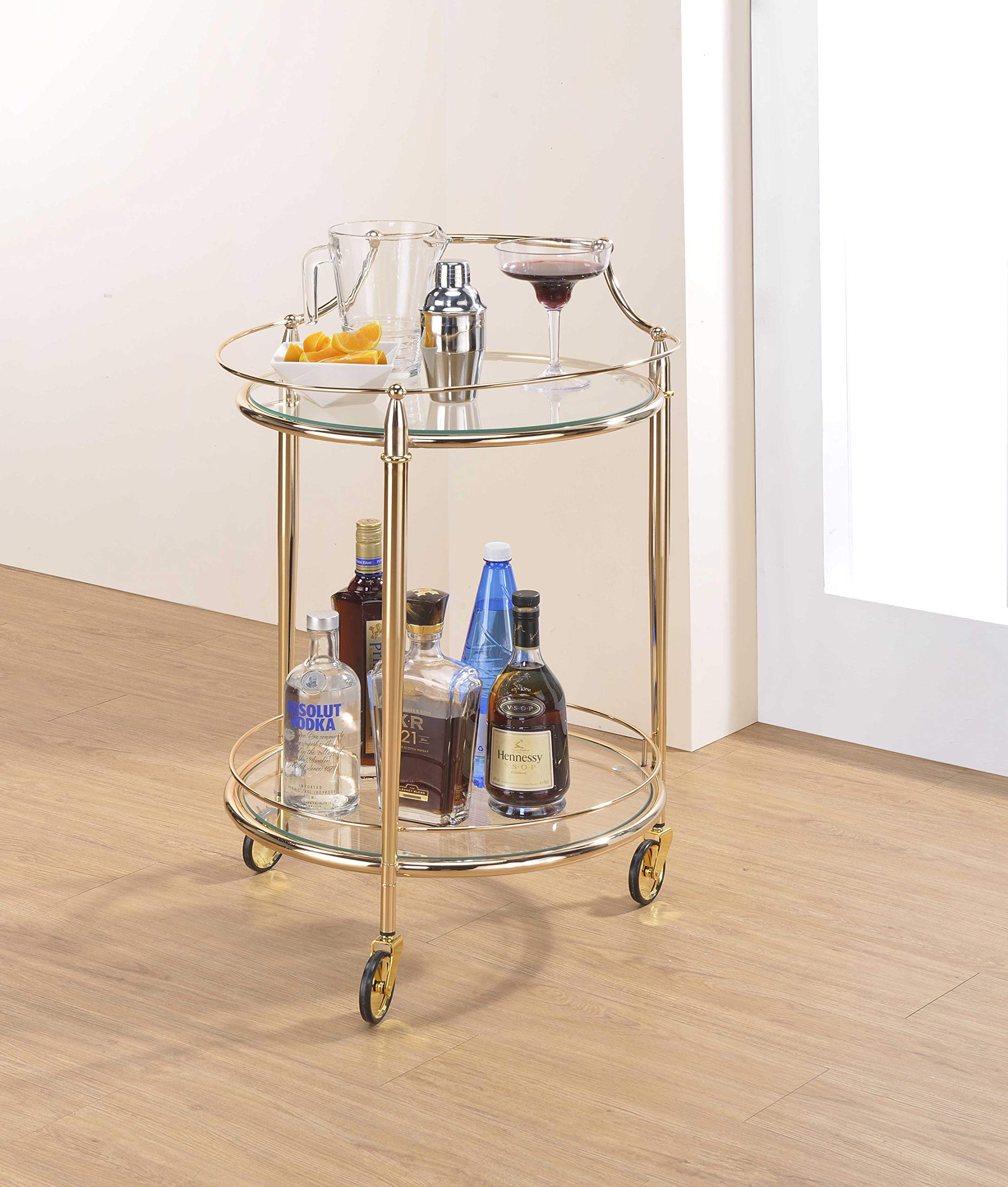 HomeRoots Metal, Glass 21&quot; X 20&quot; X 31&quot; Gold and Clear Glass Serving Cart