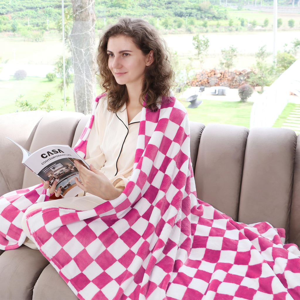 Pink Checkered Blanket Soft Fuzzy Throw Fleece Blanket Checkerboard Cute Decor Stuff For Bed Couch
