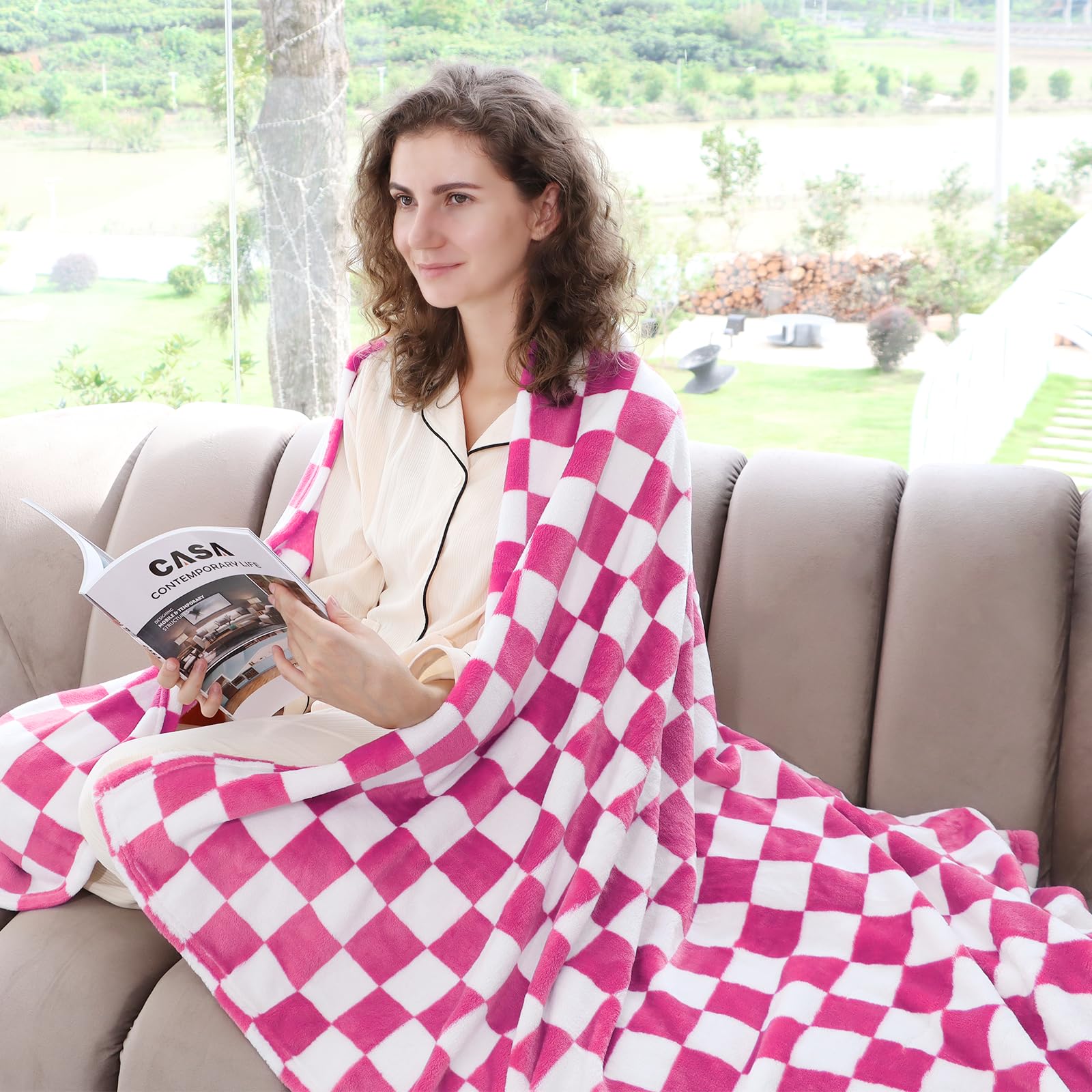 Pink Checkered Blanket Soft Fuzzy Throw Fleece Blanket Checkerboard Cute Decor Stuff For Bed Couch