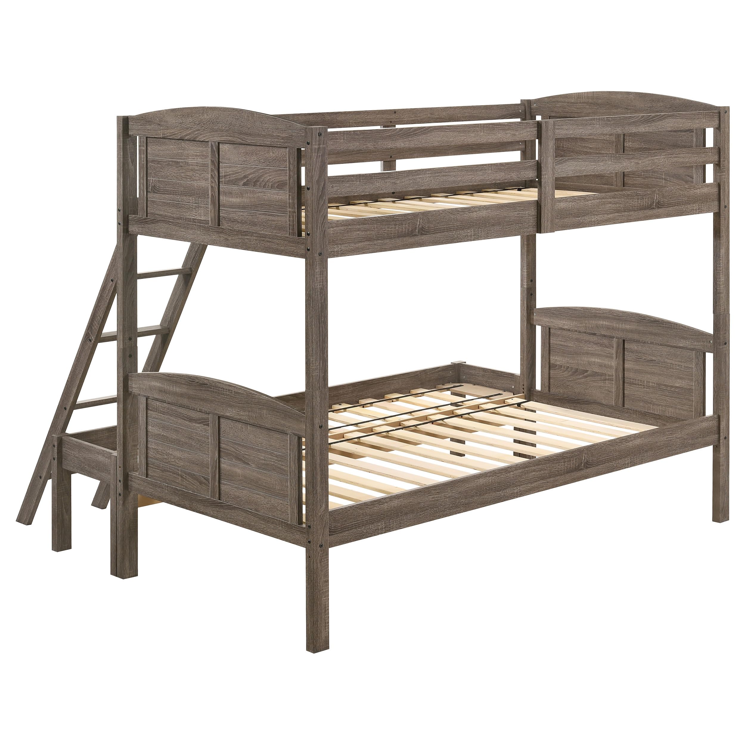 Coaster Home Furnishings Flynn Farmhouse Wood Twin Over Full Size Bunk Bed Frame with Ladder and Guardrails Fully Slatted Mattress Ready Foundation Weathered Brown 400809