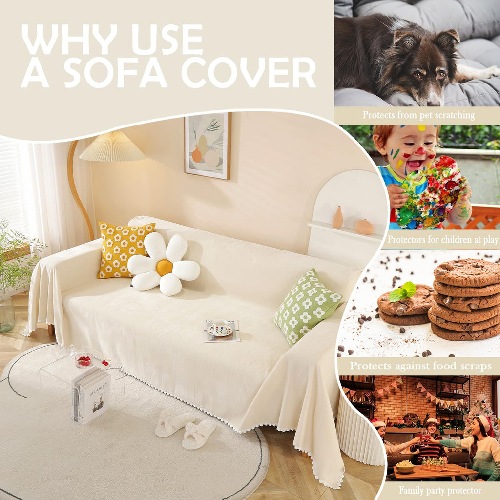 Handontime Beige Couch Covers For 3 Cushion Couch Sofa Cute Sofa Covers With White Daisy Lace Pet Couch Protector Thick Chenille Couch Cover For Dogs Sectional Sofa L Shape Futon Couch, 71' X150'