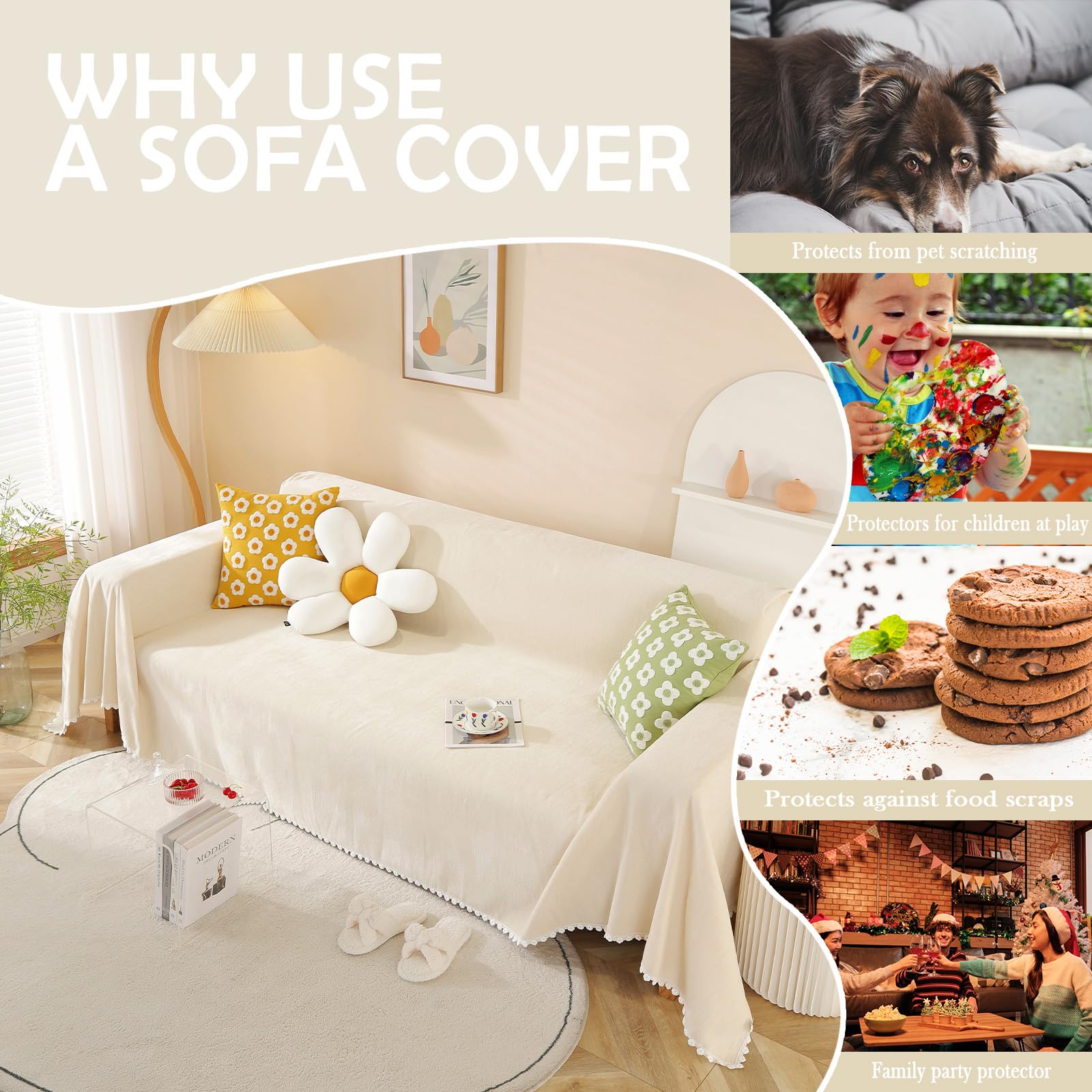 Handontime Beige Couch Covers For 3 Cushion Couch Sofa Cute Sofa Covers With White Daisy Lace Pet Couch Protector Thick Chenille Couch Cover For Dogs Sectional Sofa L Shape Futon Couch, 71' X134'