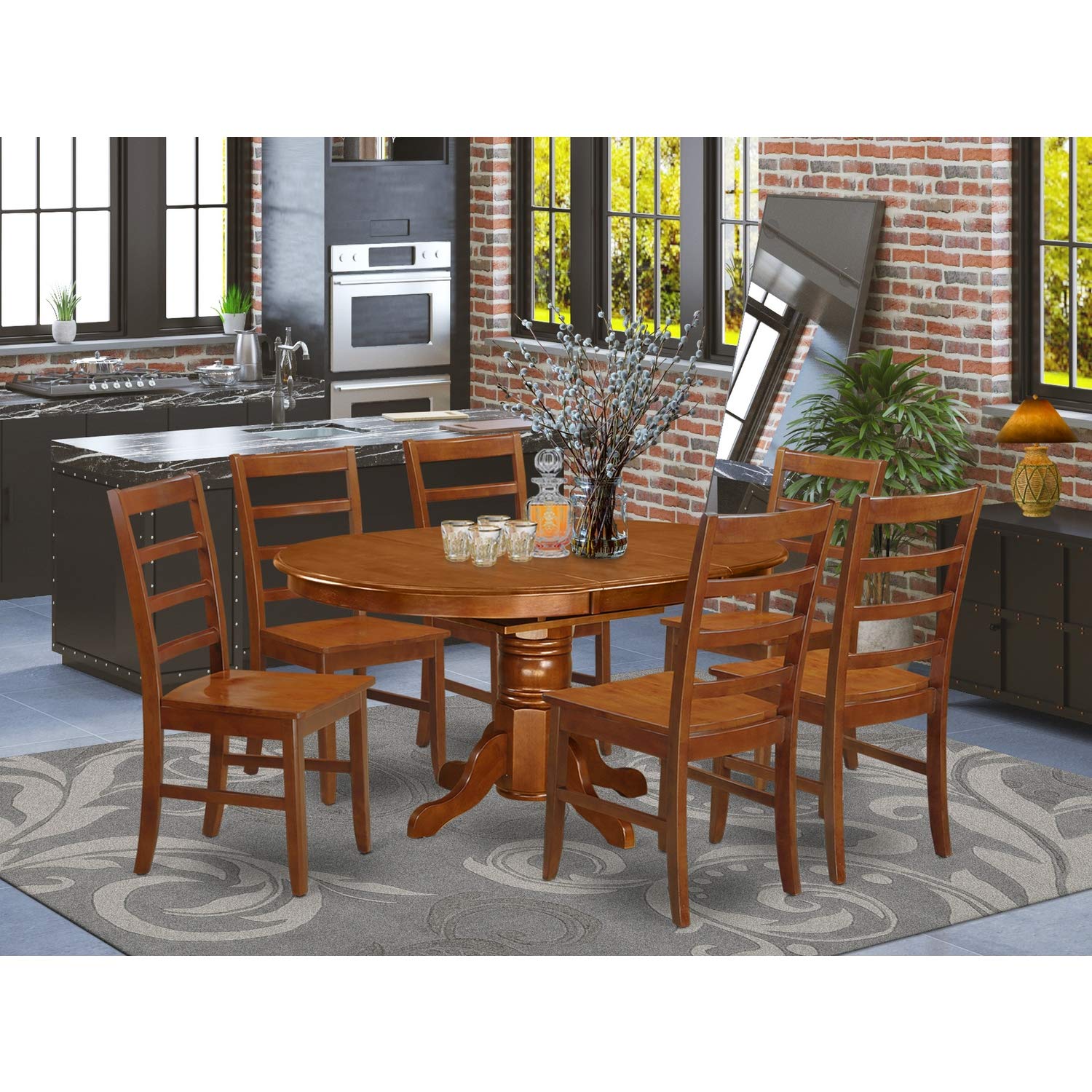 East West Furniture Avon 7 Piece Kitchen Set Consist of an Oval Dining Room Table with Butterfly Leaf and 6 Solid Wood Seat Chairs, 42x60 Inch, Saddle Brown