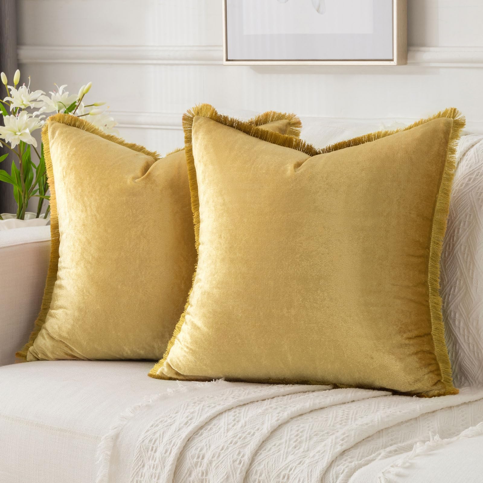 FUTEI Gold Boho Throw Pillow Covers with Tassels 16x16 Inch Set of 2,Soft Velvet Decorative Cushion Case,Home Decor for Couch Be