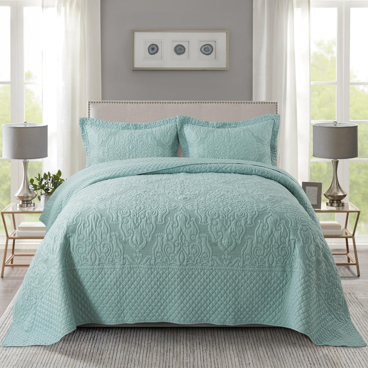 Newlake Quilt Bedspread Set, Light Green Jacquard Embossed Floral Pattern Reversible Embroidered Microfiber Coverlet Sets, King