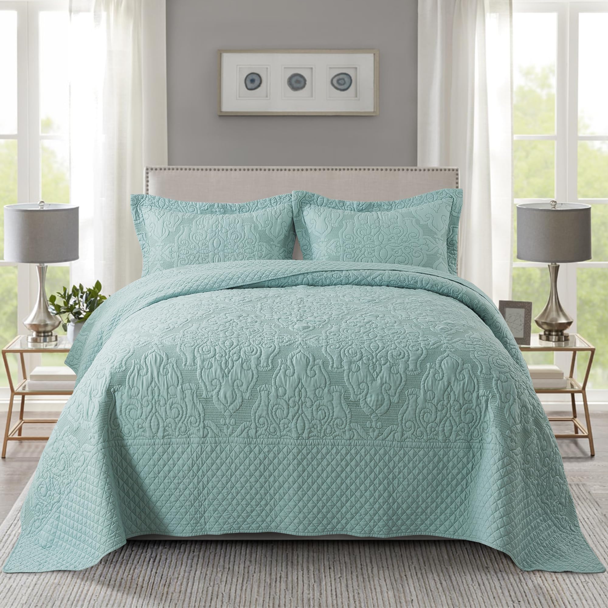 Newlake Quilt Bedspread Set, Light Green Jacquard Embossed Floral Pattern Reversible Embroidered Microfiber Coverlet Sets, Queen
