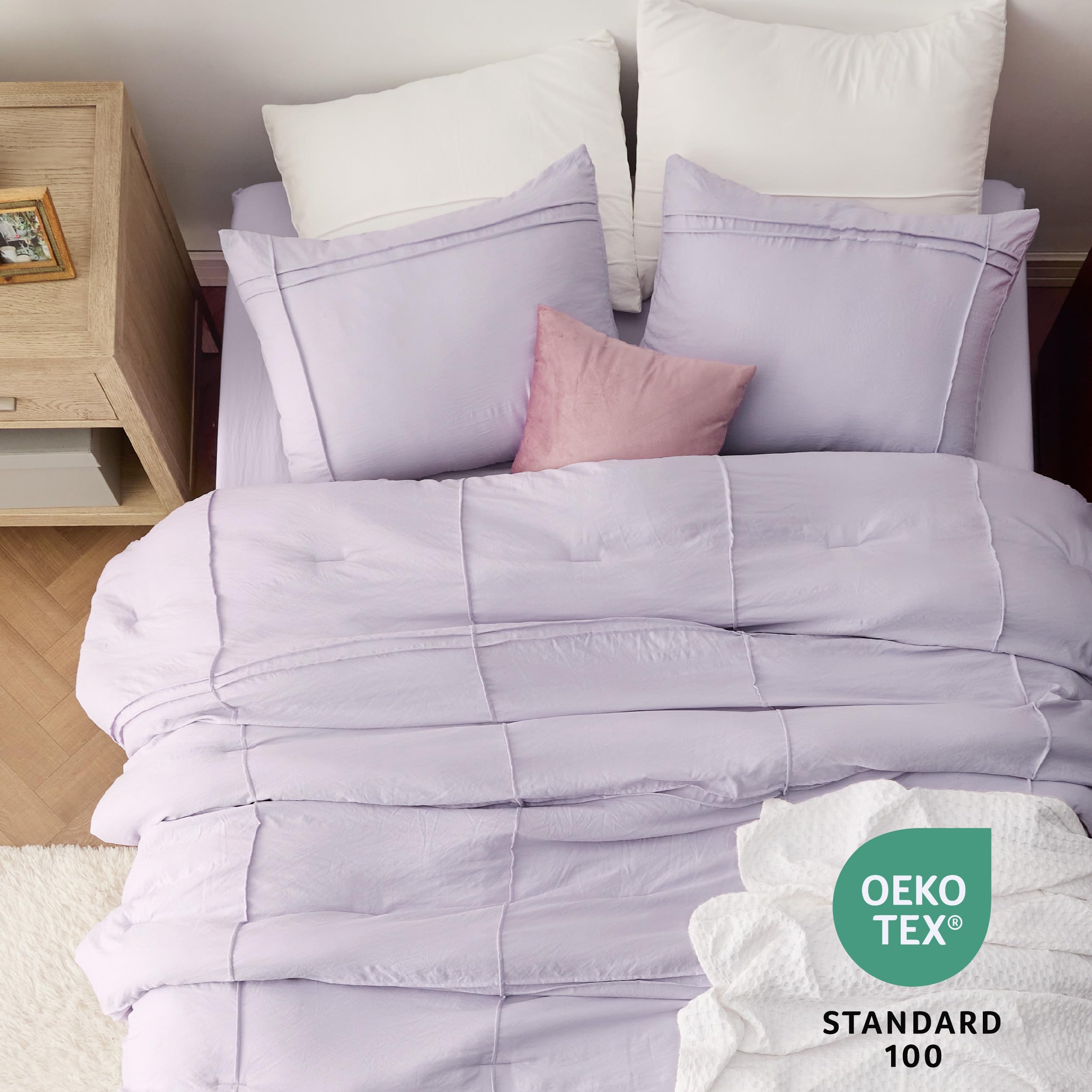 Bedsure Queen Comforter Set With Sheet - 4 Pieces Soft Light Purple Bedding Sets, Grid Pinch Pleat, All Season Lightweight Fluffy Bed Set With Solid Boho Comforter, Pillowcases & Sheet