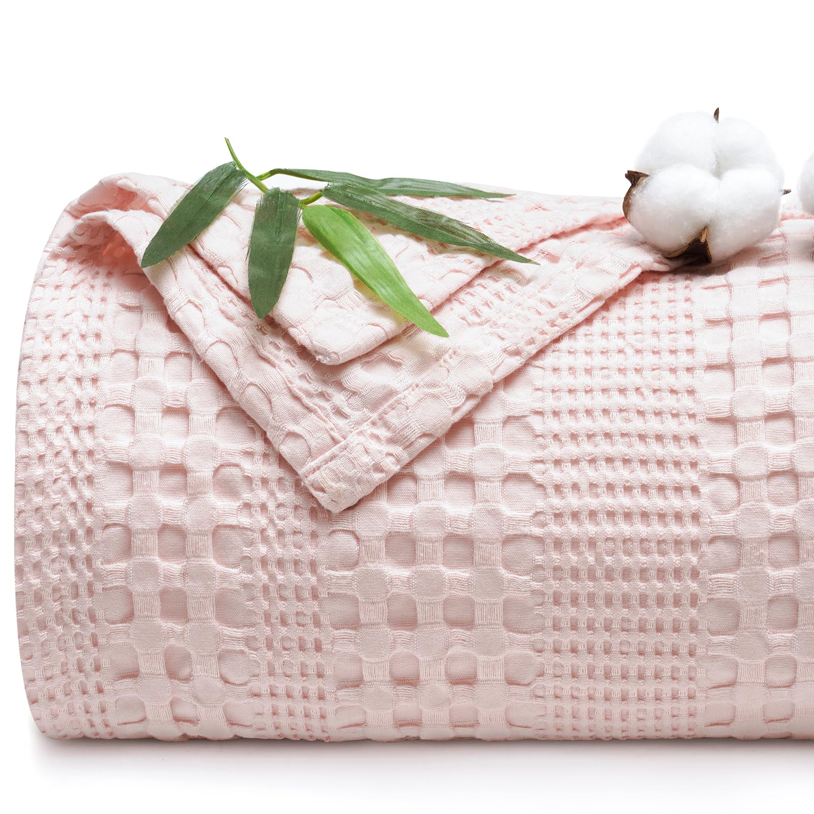 Phf Cooling Waffle Blanket Queen Size, Lightweight 60% Rayon Derived From Bamboo & 40% Cotton Breathable Blanket For Hot Sleepers, Soft And Luxury For Bed Couch And Sofa, 90'X90', Pink