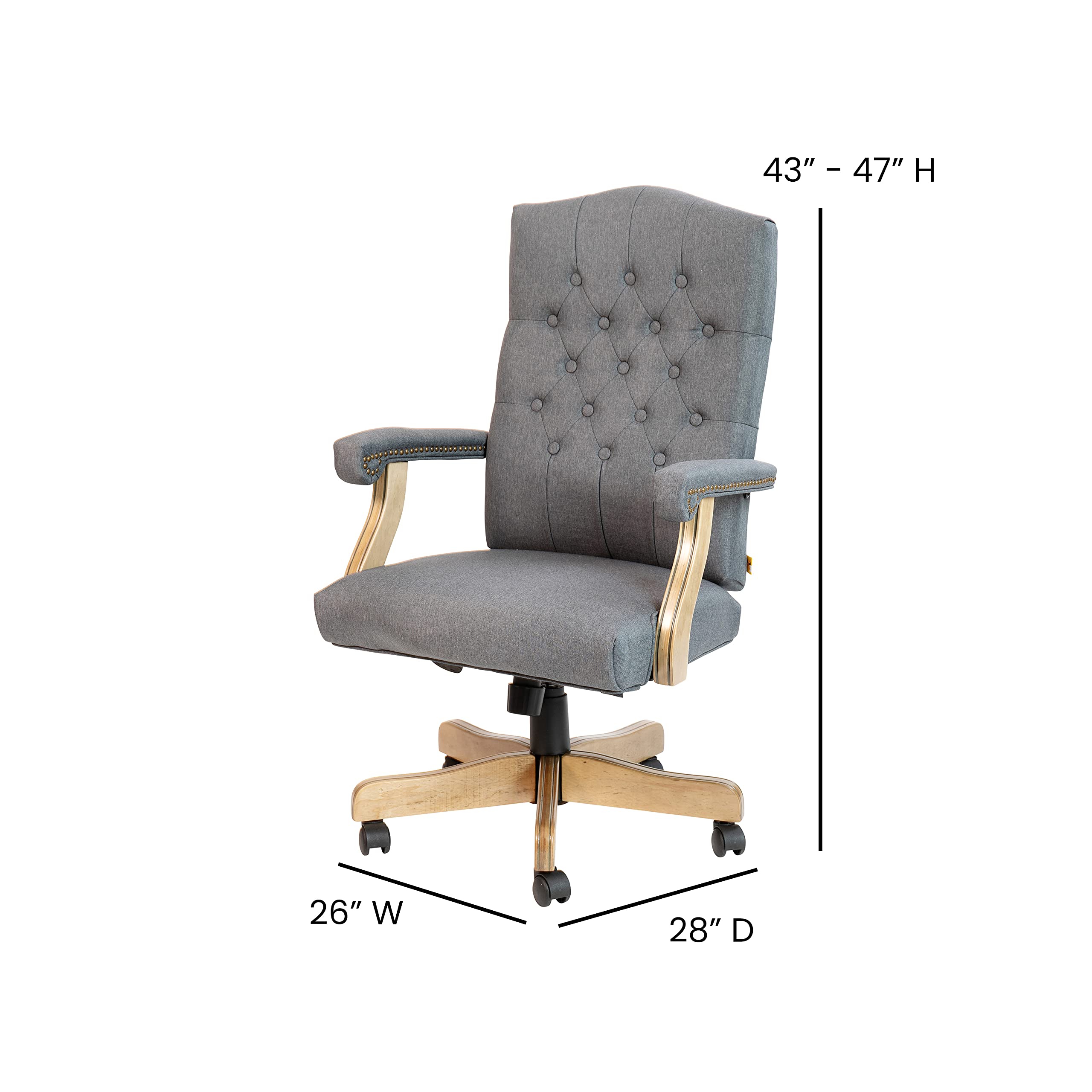 Flash Furniture Derrick Traditional Office Chair - Gray Fabric Tufted Swivel Office Chair - Home Office Desk Chair with Driftwood Base