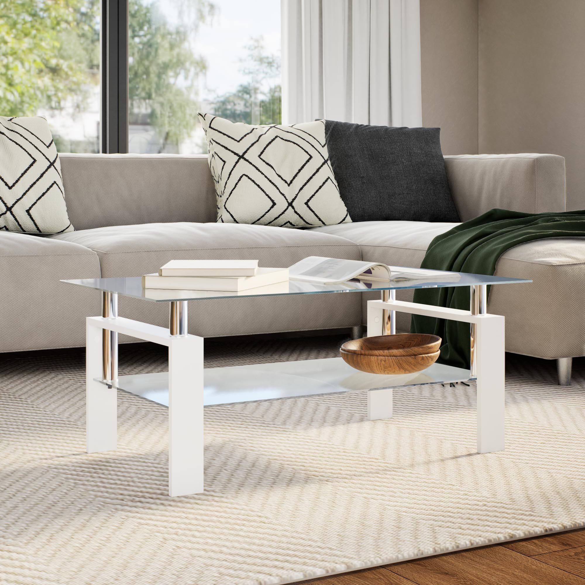 vidaXL White and Transparent Tempered Glass Coffee Table with Extra Storage, Modern Design, Safety Standard Compliance, Easy Cleaning