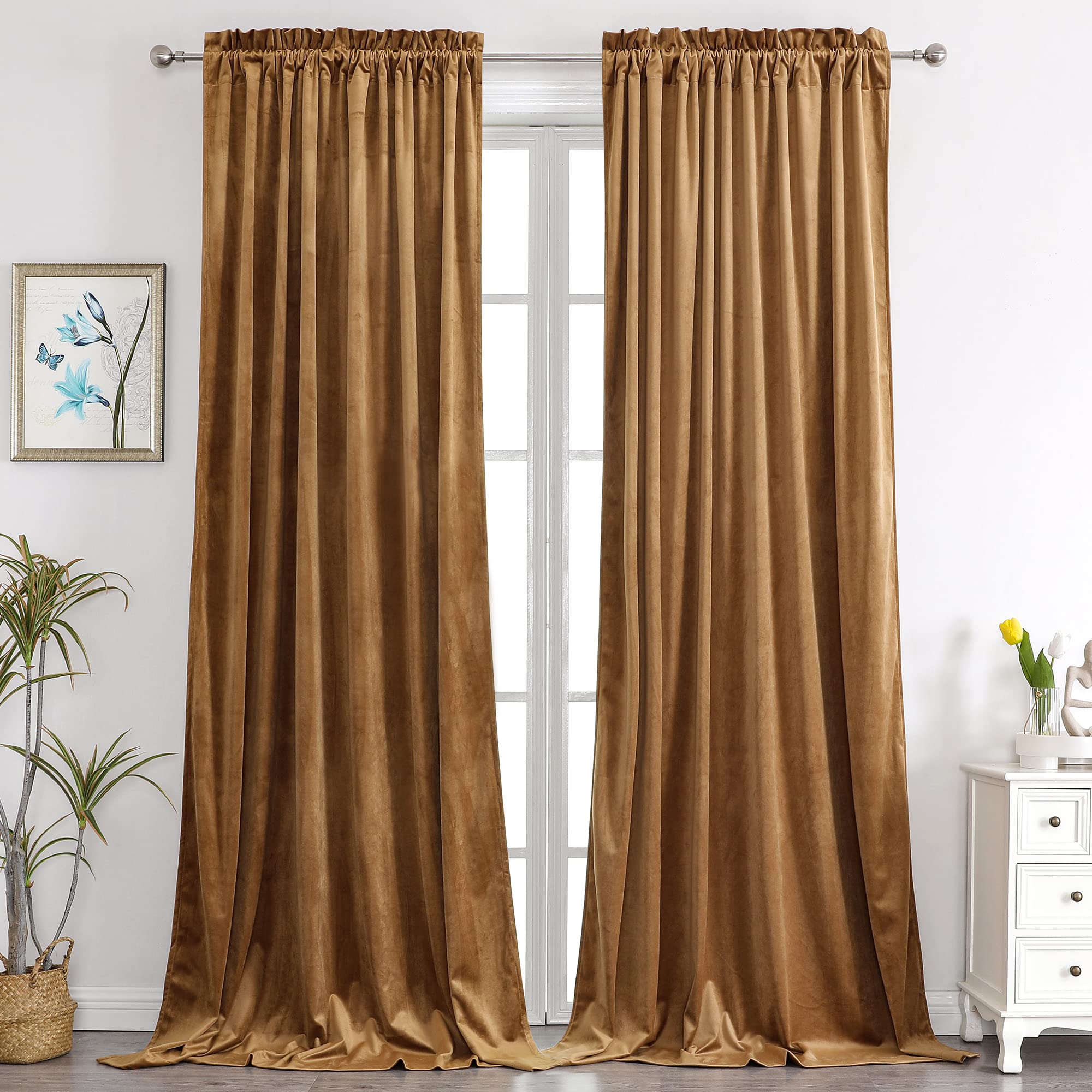 Benedeco Camel Velvet Curtains For Bedroom Window, Super Soft Luxury Drapes, Room Darkening Thermal Insulated Rod Pocket Curtain