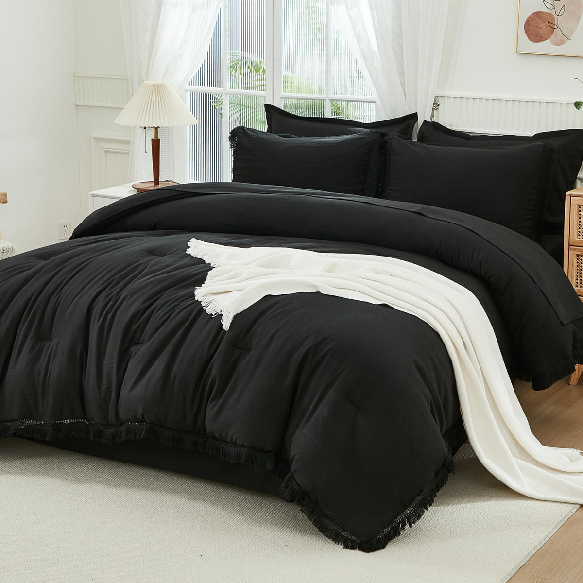 Andency California King Size Black Comforter Sets With Sheets - 7 Pieces Boho Tassel Bed In A Bag Soft Lightweight Bedding Sets,