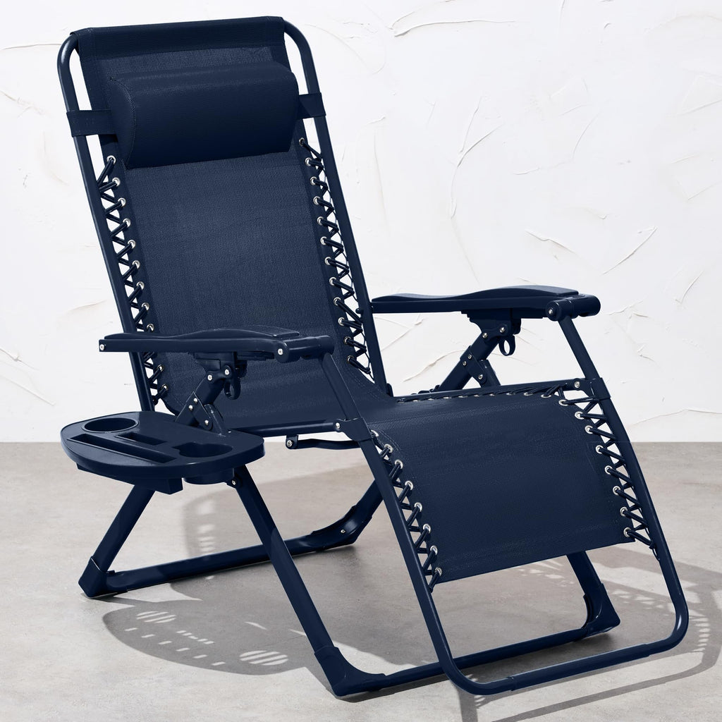 Best Choice Products Adjustable Zero Gravity Chair, Monochromatic Color Folding Patio Recliner W/Side Tray, Headrest - Navy