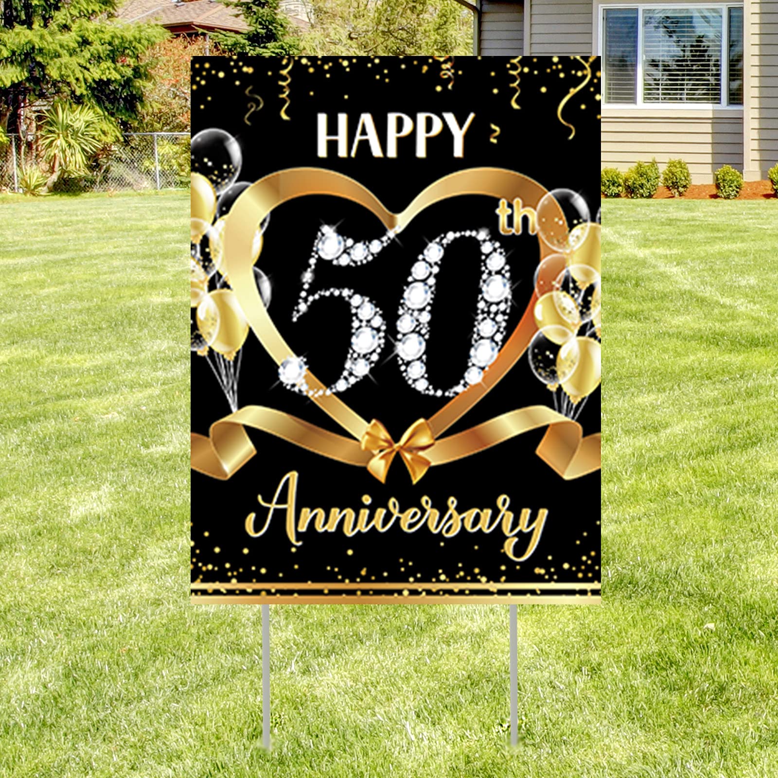 50Th Anniversary Yard Sign Decoration Outdoor Gold 50Th Wedding Anniversary Lawn Sign With Stakes For Happy 50Th Year Party Supp
